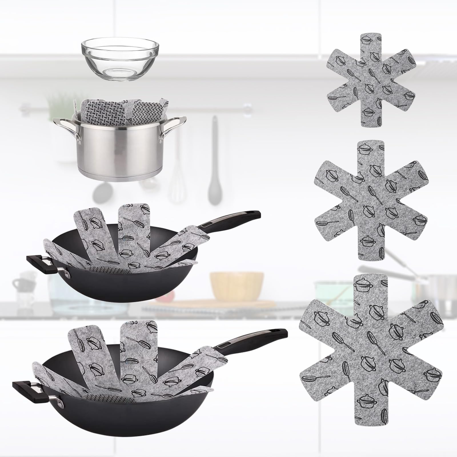 15 Pièces Protege Poele, Protection Poele, Protege Poêle Feutrine, pour poêles, casseroles, Bols et Autres ustensiles de Cuisine (38/35/26 cm) Gris