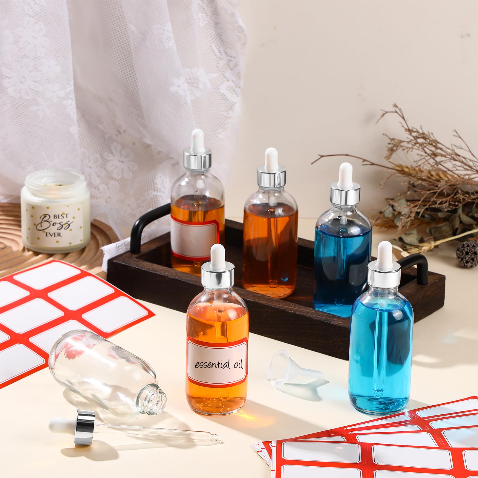 Dandat 50 Stück Glas-Tropfflaschen, 120 ml, Labor-Tinktur-Tropfflaschen mit Augentropfen, Trichtern, Etikettenaufklebern für ätherische Öle (transparent)
