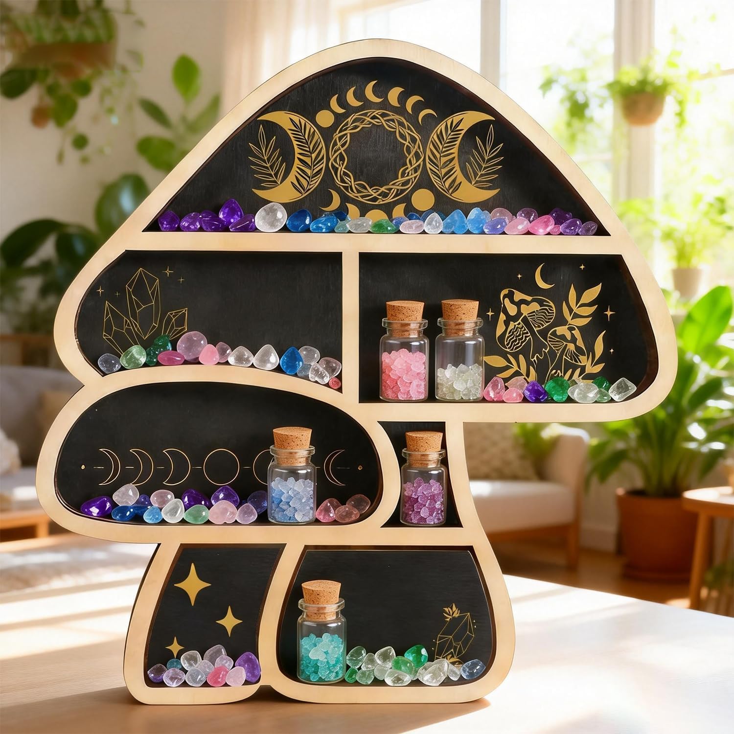 Mushroom Gifts Floating Shelves, Crystal Display Shelf & Crystal Holder, Cute Mushroom Wall Decor and Mushroom Shelves, Trinket Shelf Rock Display Case, for Unique Home Decor
