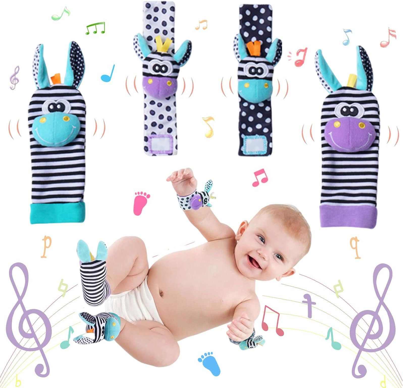 Pau1Hami1ton Wrist Rattles for Babies, Baby Foot Rattles Toy, Baby Rattle Socks Set, Baby Socks with Rattles, Wrist Rattles for Babies 0-6 Months.4Donkey.S-18N