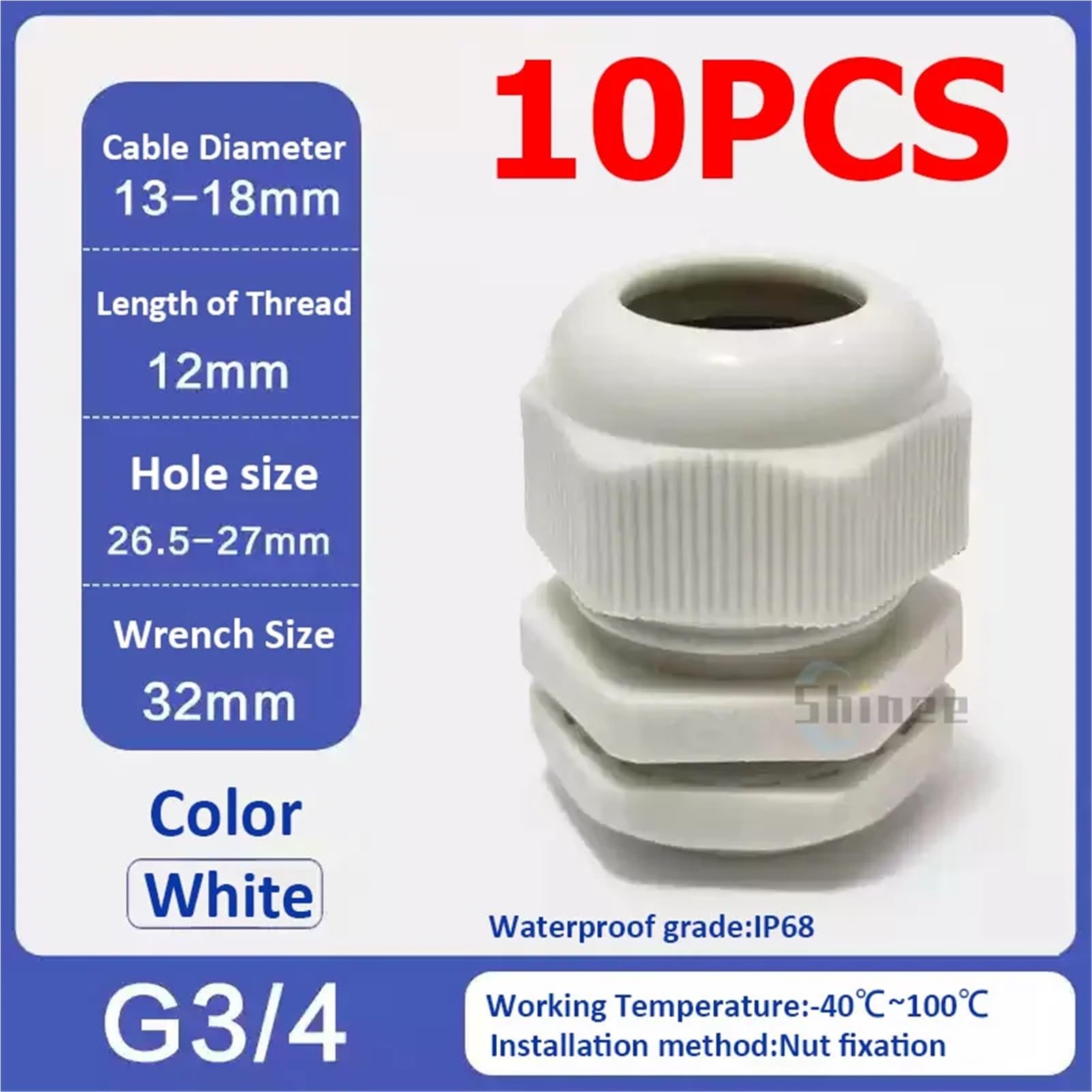 10 Stück wasserdichte Kabelverschraubungen NPT 1/4 NPT 1/2 NPT 3/8 Kupplung für Kabel aus schwarzem Nylon schwer entflammbar Anschluss für Kabel von 4 bis 25 mm IP68(G3l4 Fit 13-18 White)