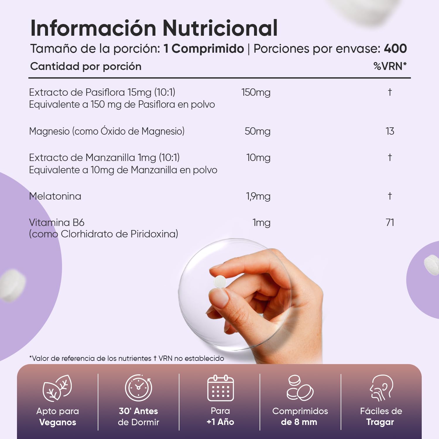Melatonina 1,9 mg Complex con Magnesio, Vitamina B6, Pasiflora y Manzanilla - 400 Comprimidos de Liberación Prolongada para más de 1 Año de Suministro - Sin Gluten, Apto para Veganos