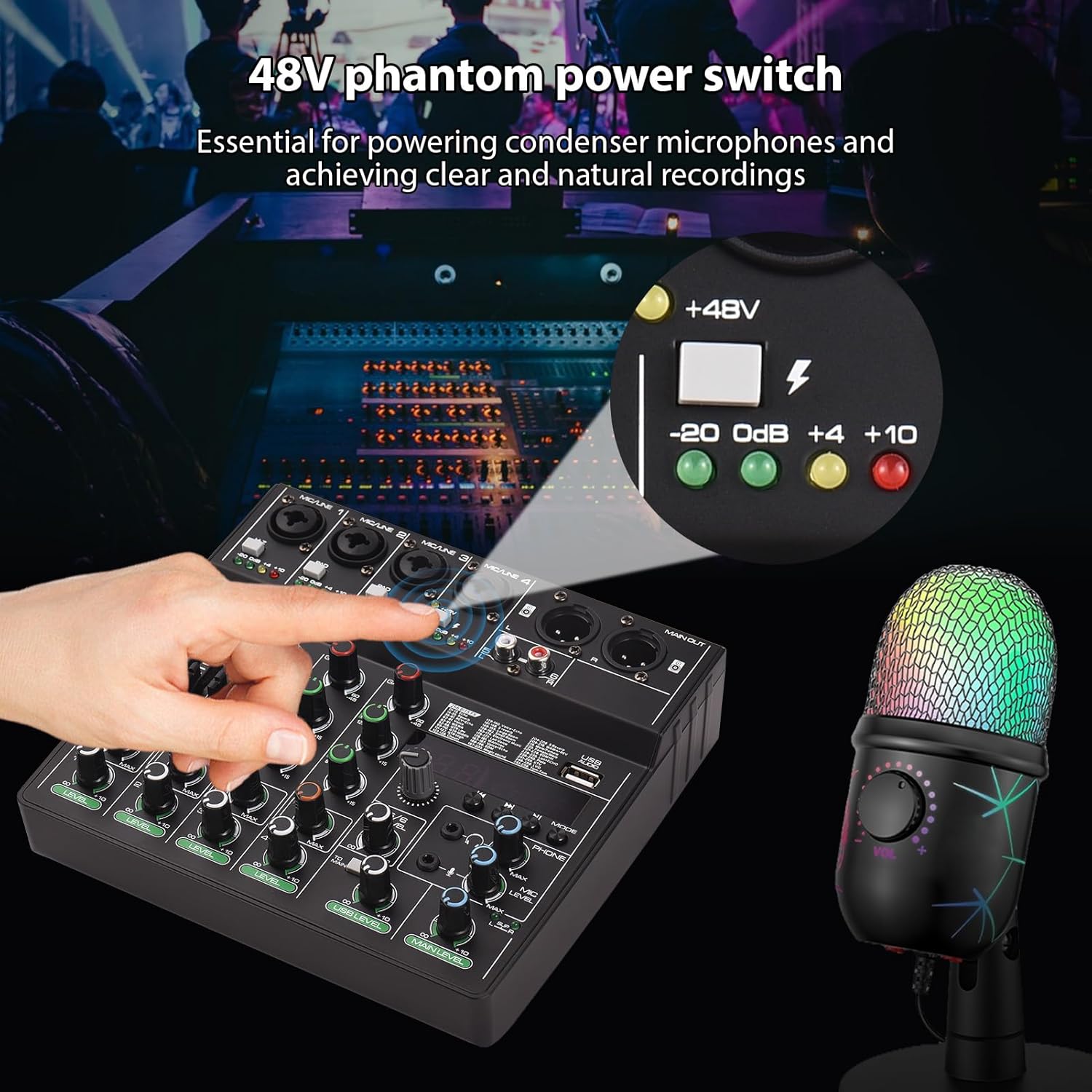 HUIOP Audio Mixer 6-Channel Mixing Console with 256 Effects 48V Phantom Power for Home Studio Recording DJ Network Live Broadcast Type-C Power Supply BT MP3 USB Recording Input Portable Sound Mixing