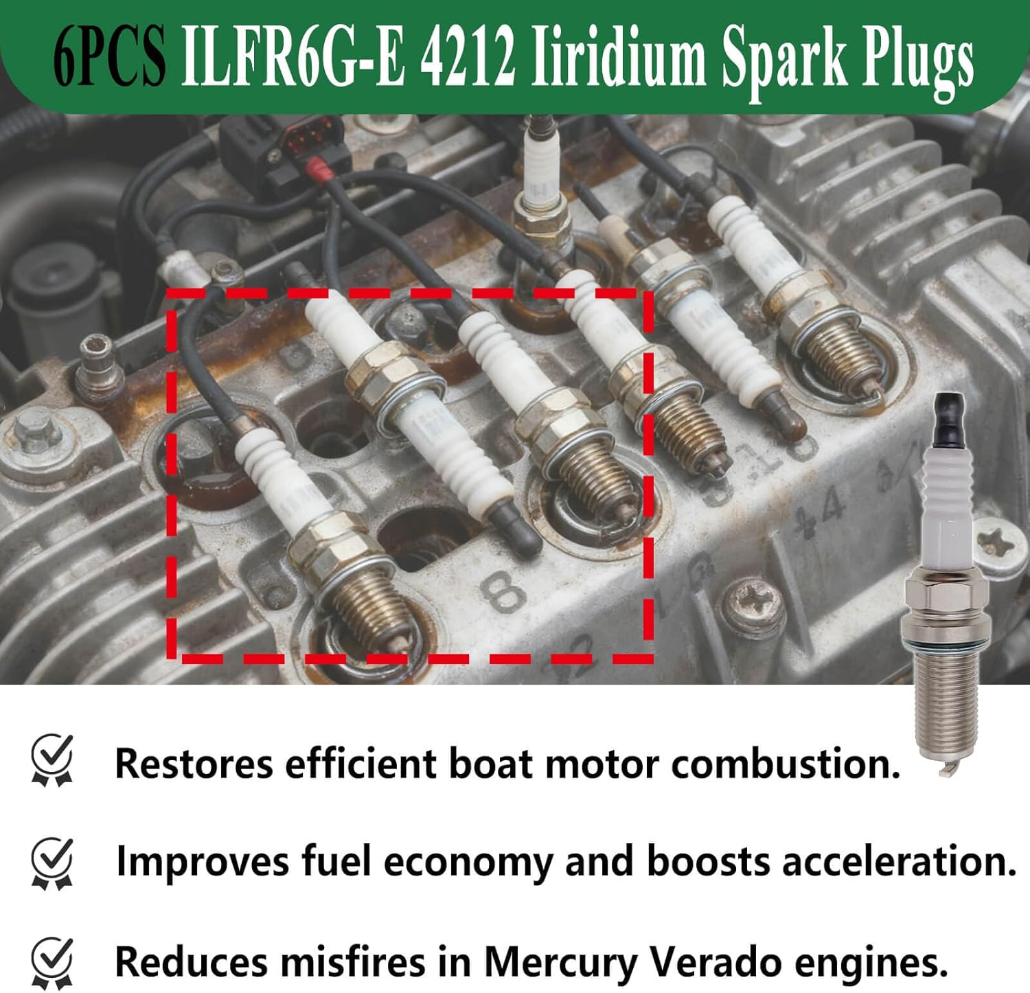 6PCS ILFR6G-E 4212 Laser Iridium Spark Plugs Compatible with Mercury Verado L6 200-400HP Outboard Engines 200 225 250 275 300 350 400 400R Boat Motor Replacement