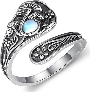 Mushroom Spoon Rings for Women Moss Agate/Moonstone/Opal/Turquoise 925 Sterling Silver Agate Mushroom Ring Vintage Thumb Ring Jewelry for Women Men