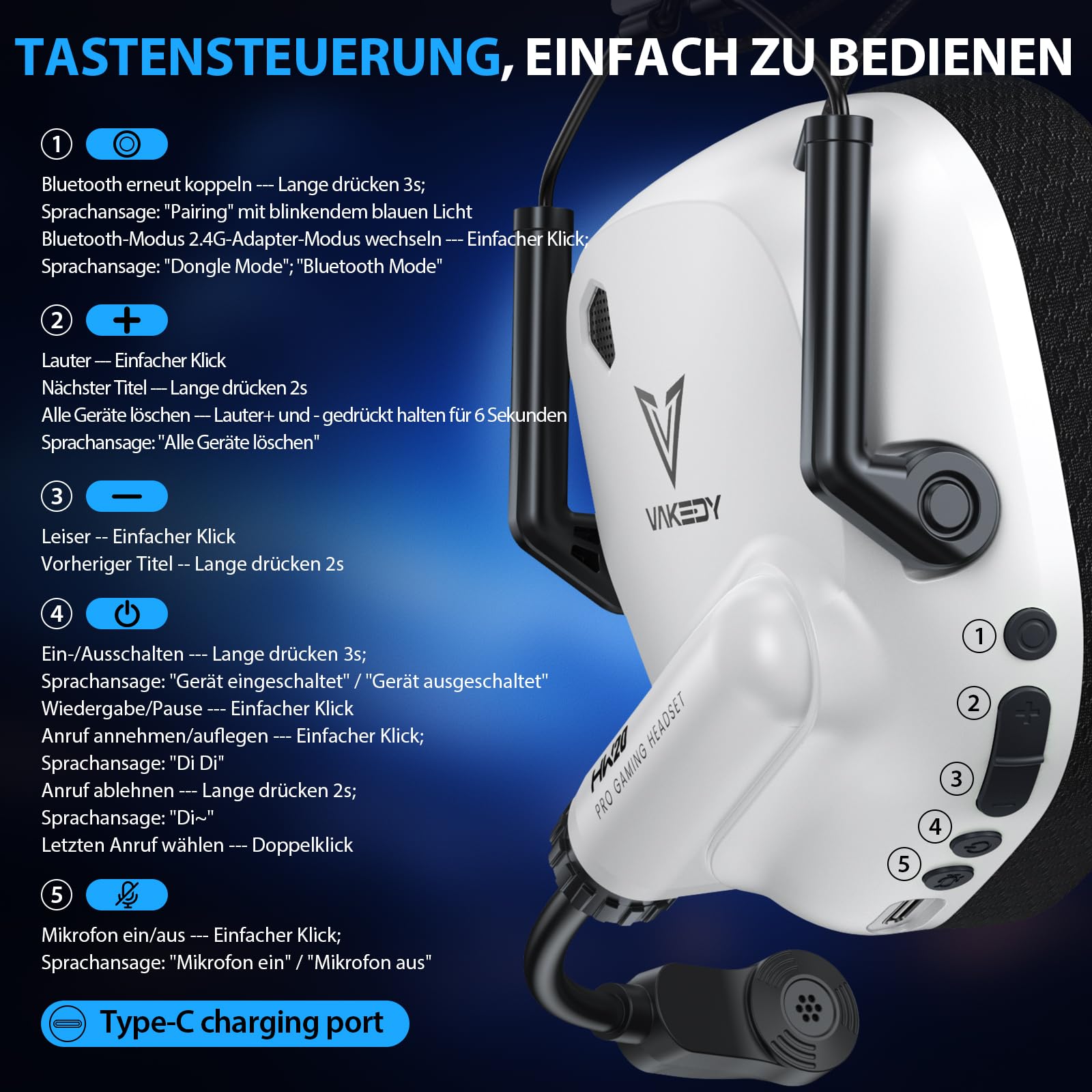 Vakedy Gaming Headset Wireless, 2,4 GHz USB & Bluetooth Gaming Kopfhörer mit Mikrofon, 50 mm Treiber, geringe Latenz, 50 Std Akku, Kopfhörer Kabellos für PS5, PS4, PC, Mac, Switch (Weiß/Schwarz)