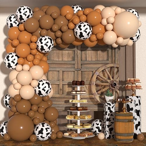 JOGAMS Kit de guirnalda de arco de globos de vaca con 163 globos con estampado de vaca marrón desnudo para granja, vaquera occidental, temática de
