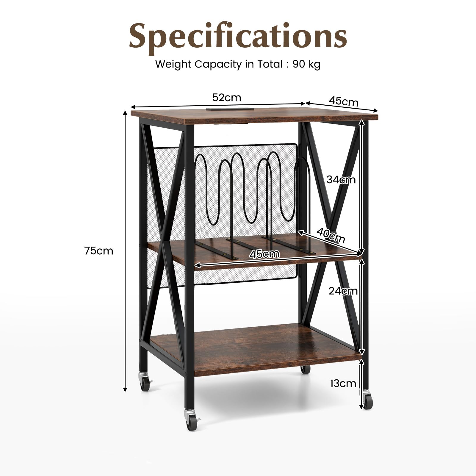 GOPLUS Meuble Platine Vinyle à 3 Niveaux avec Station de Charge, Roulettes Verrouillables, Cadre en Métal, Table d'Appoint pour 250 Vinyles pour Salon, Bureau, 52x45x75cm (Marron Rustique)