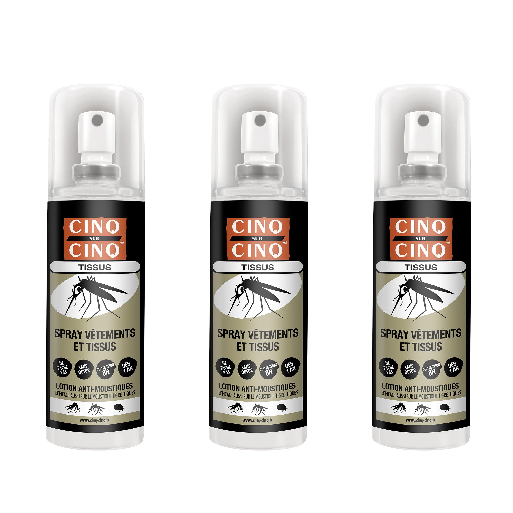 CINQ SUR CINQ | Spray Vêtements Et Tissus Anti-Moustiques lot de 3 x 100 ml | Moustiques Tigres | Protection Jusqu’à 8h | Dès 12 Mois | Sans Odeur | Ne Tâche Pas