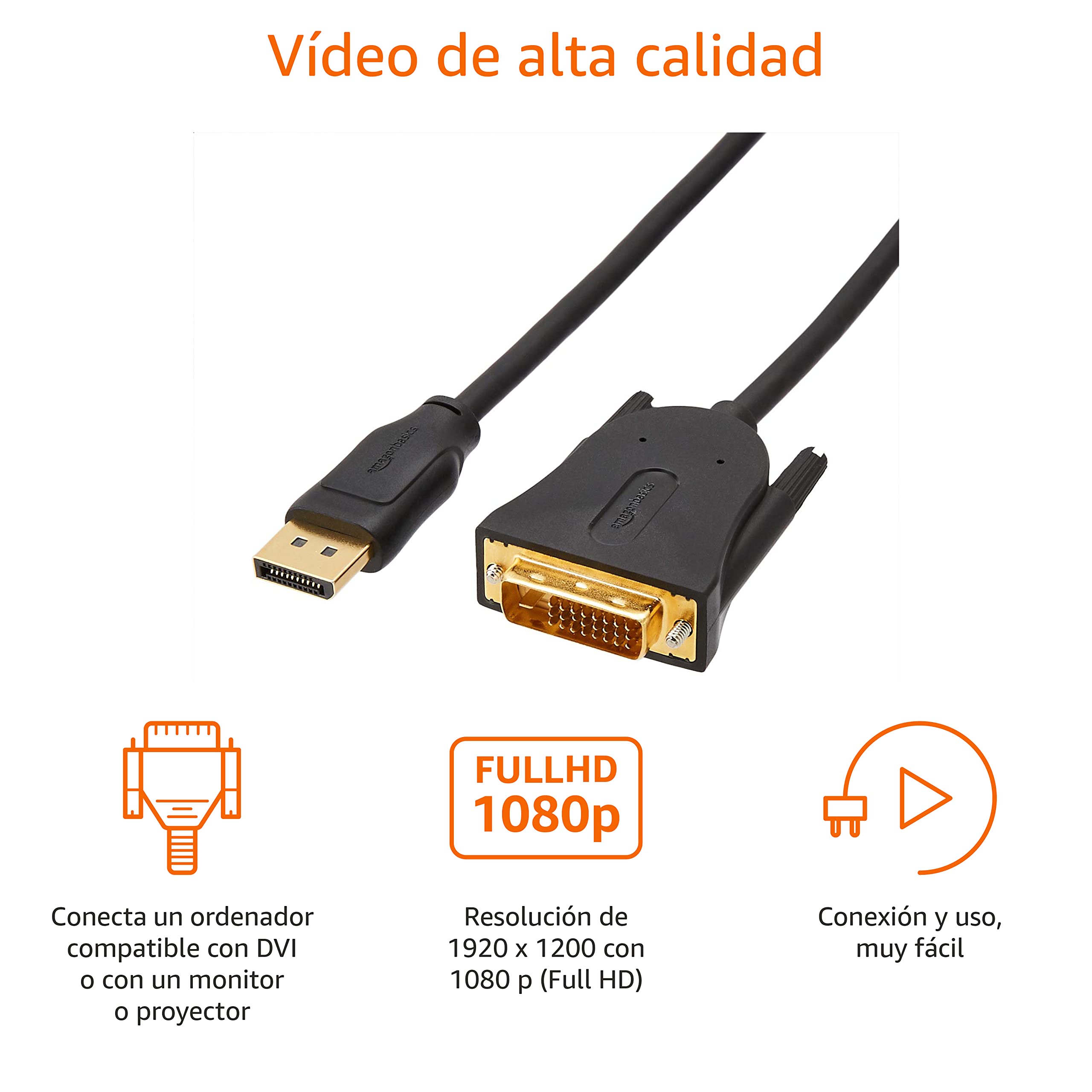 Amazon Basics Cable de DisplayPort a DVI con Conectores Dorados(1.8 m) para Ordenador Personal, Negro