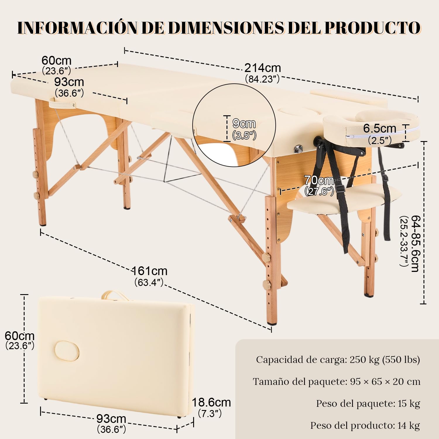 Kidol&Shellder® Cama de Masaje 60cm, Plegable, 250kg Capacidad, 9cm Acolchado, Bolso de Transporte, Cierre Double, Blanco