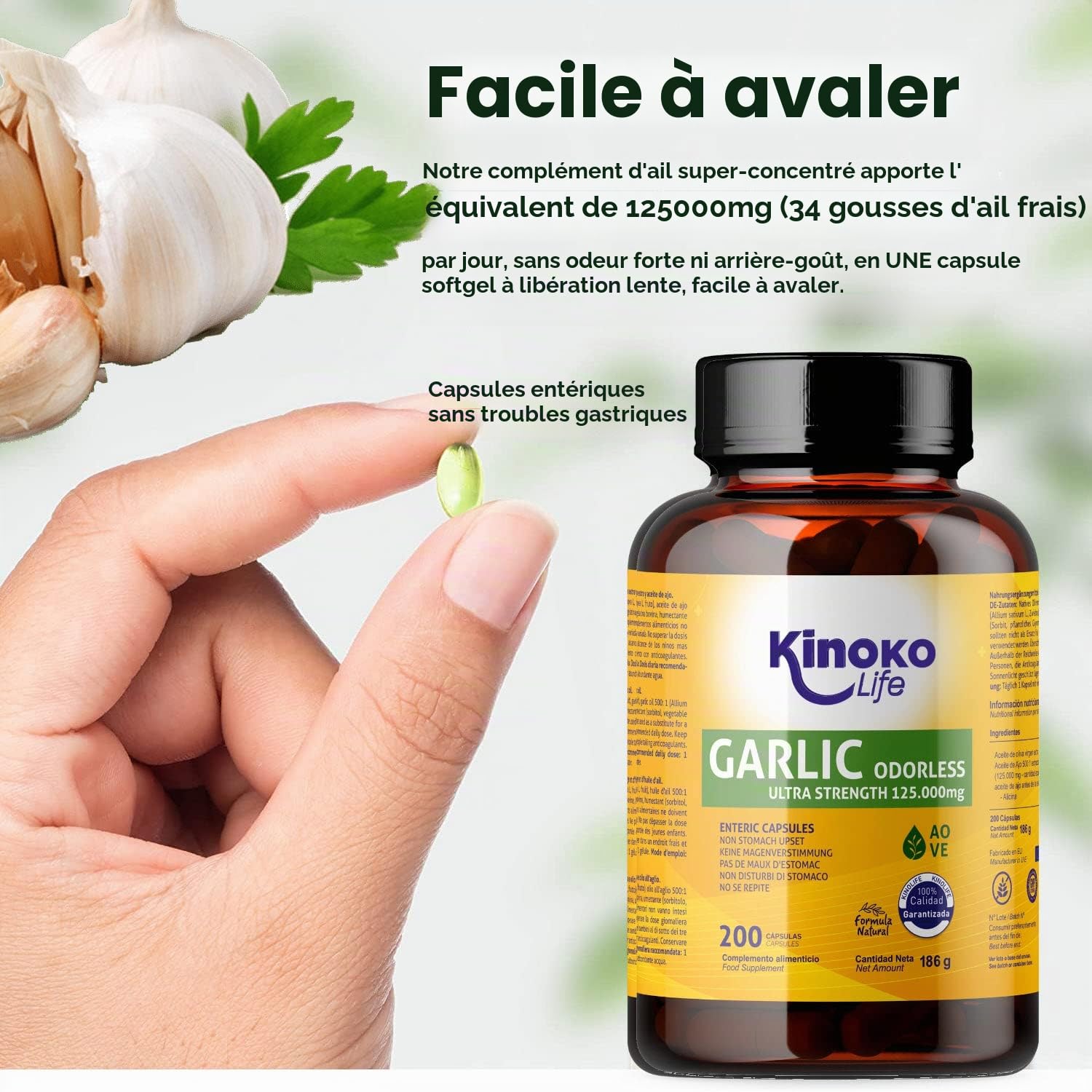 AIL 125,000 mg (extrait 500:1) | 200 gélules | Pas de Reflux | SANS ODEUR | à l'huile d'olive vierge | Haute concentration | avec 2500mcg d'allicine | Sans gluten | Sans GMO | Sans soja