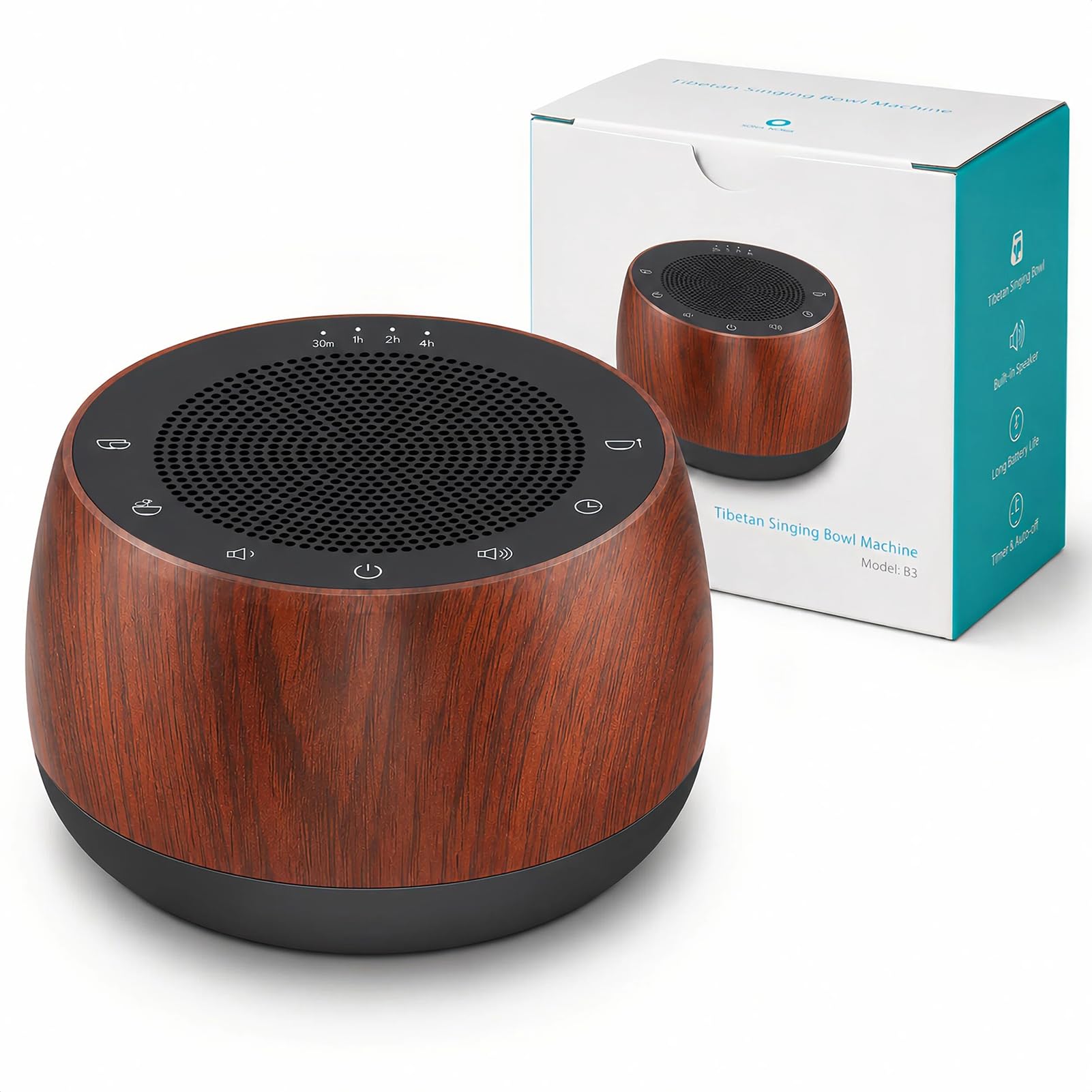 Cuenco Tibetano Electrónico, Máquina de Sonidos Inalámbrica con Temporizador, Accesorios de Meditación Yoga y Dispositivo de Terapia de Sonido para Casa y Estudio (Veta de Madera)