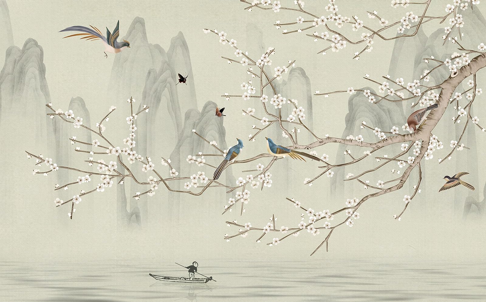 Papier peint fleurs oiseaux Lumalea pour un salon nature XXL