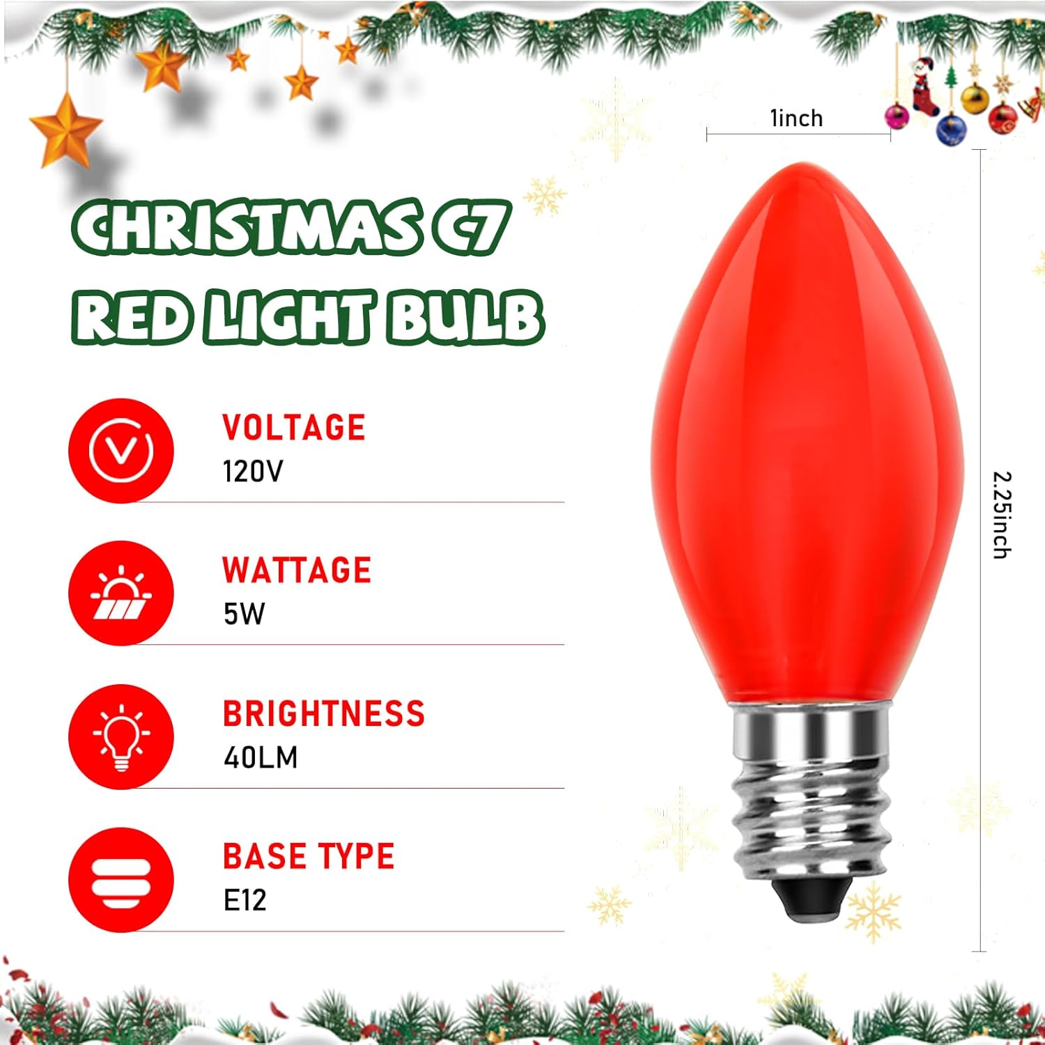 25 Pack Christmas Light Bulbs, C7 Ceramic Red Replacement Bulbs, C7 Outdoor String Lights Replacement Bulbs, C7/E12 Candelabra Base, 5 Watt