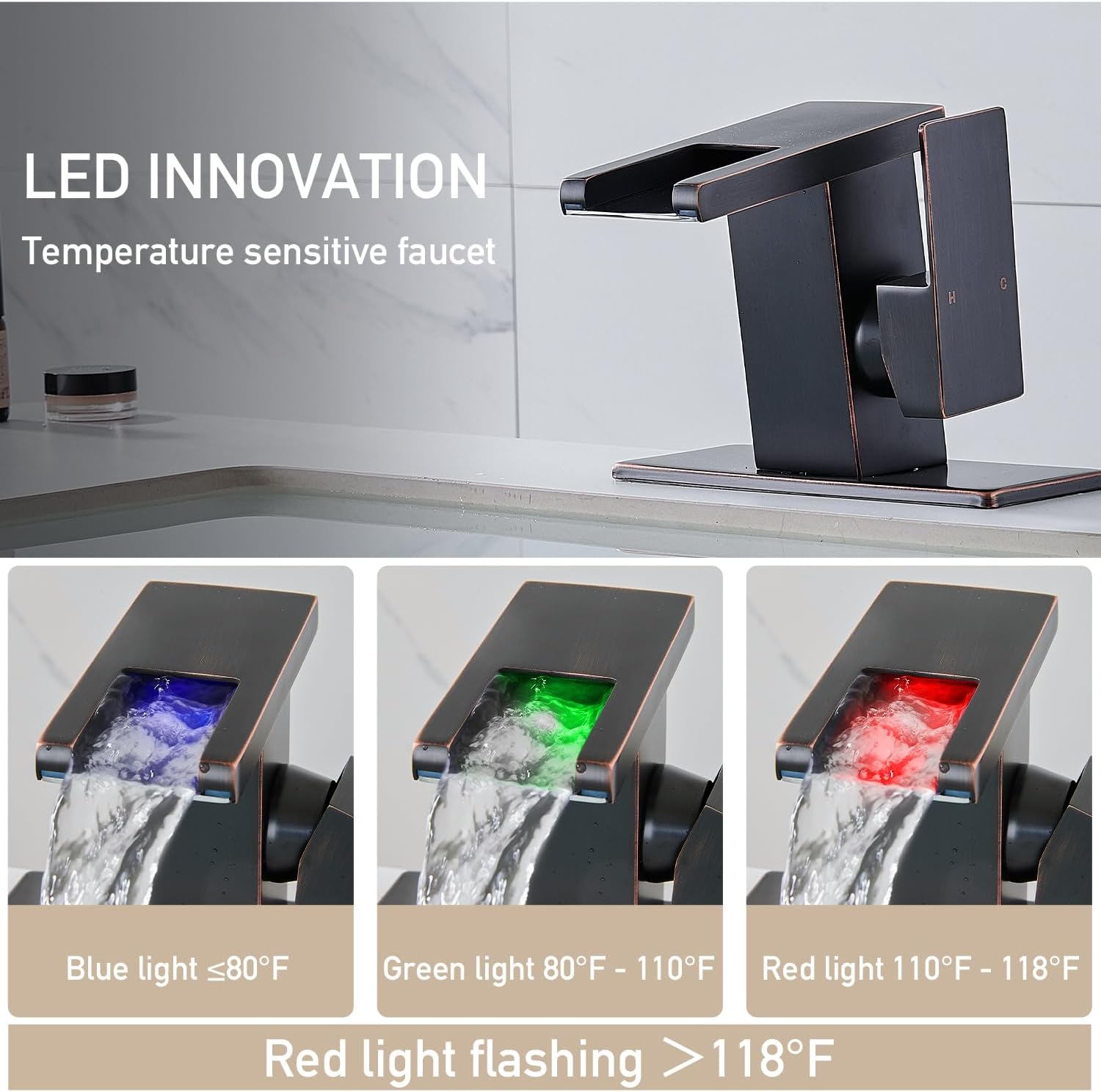 AVSIILE LED Bathroom Sink Faucet, Oil Rubbed Bronze Waterfall Single Hole Handle Vanity Faucets for Sinks 1 Hole with Metal Pop Up Drain and 2 Water Supply Lines, Side Handle
