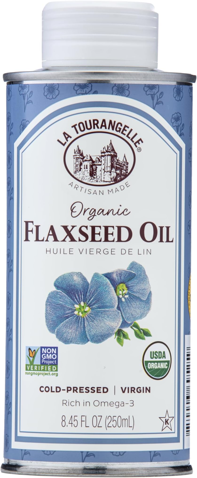La Tourangelle Organic Flaxseed Oil Omega-3 Essential Oil to Improve Heart Health - Vegan, Non-GMO, Gluten Free, Vegan, Kosher, Cast Iron Seasoning, 250ml