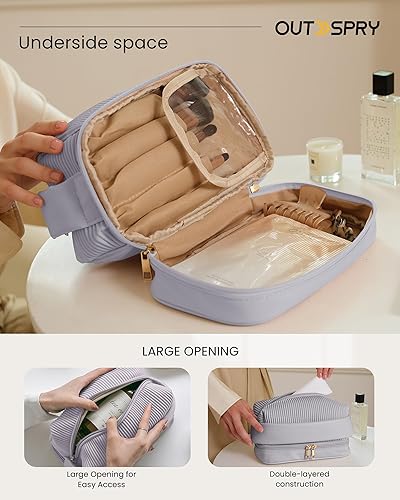 Miniatura 3 de OutSpry Bolsa de maquillaje, bolsa de cosméticos de viaje bolsa de tostadas de crema compartimento para brochas de maquillaje Bolsa de aseo de cuero