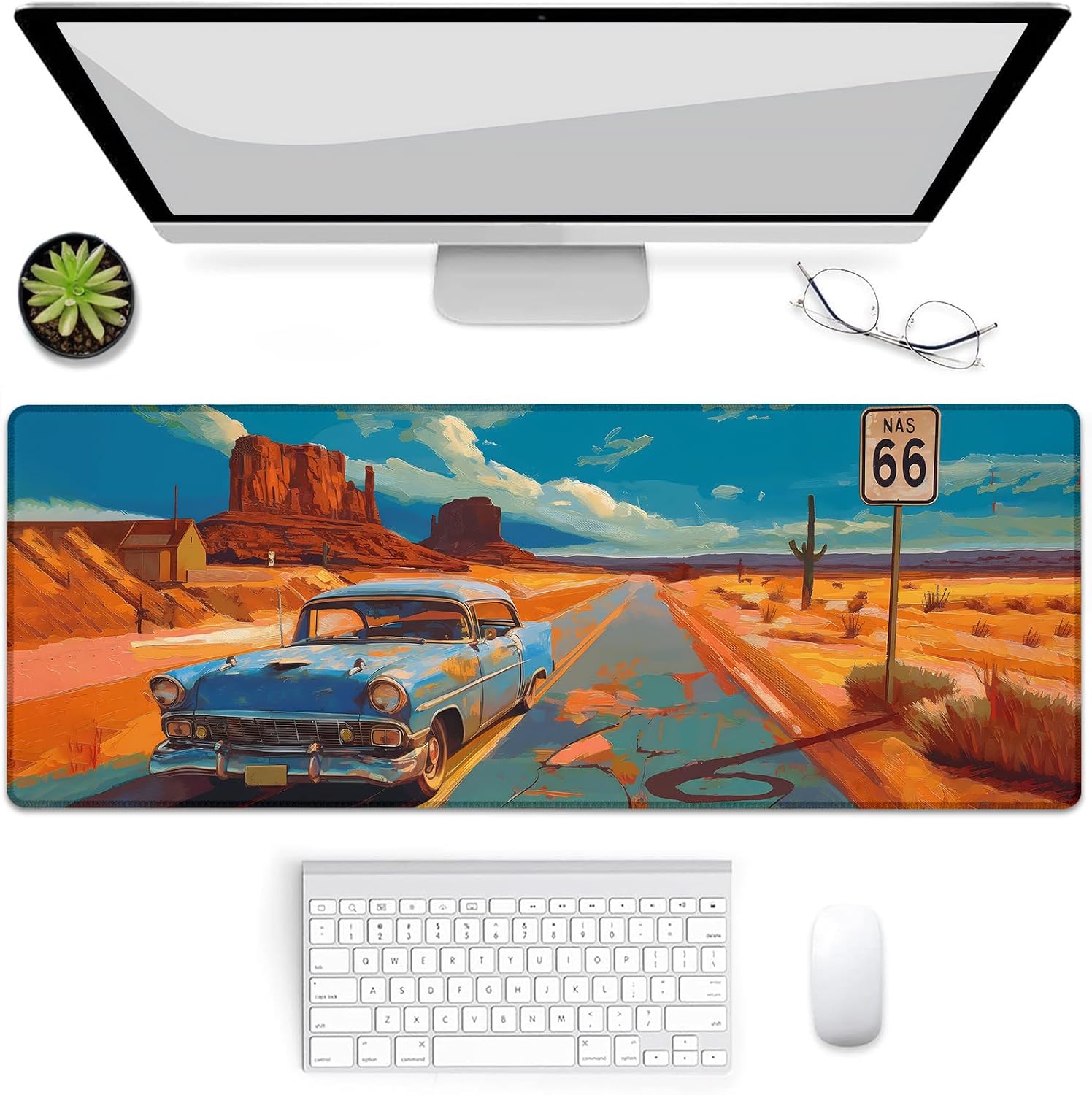 Gaming Mouse Pad, Vintage Car Route 66 Mouse Pad, Desk Mat, Non-Slip Rubber Base MousePads for Computers Laptop Office School Home Accessories Decor 31.5" x 11.8"