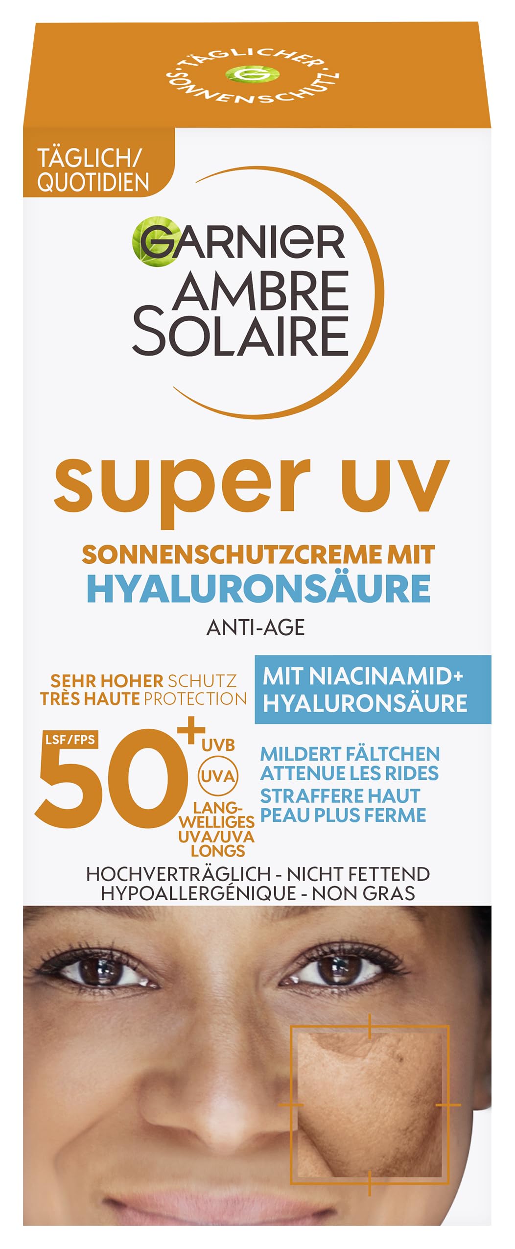 Garnier Crema solar antienvejecimiento SPF 50 con hialurónico y vitamina B antiarrugas y sequedad, Ambre Solaire 1 x 50 ml
