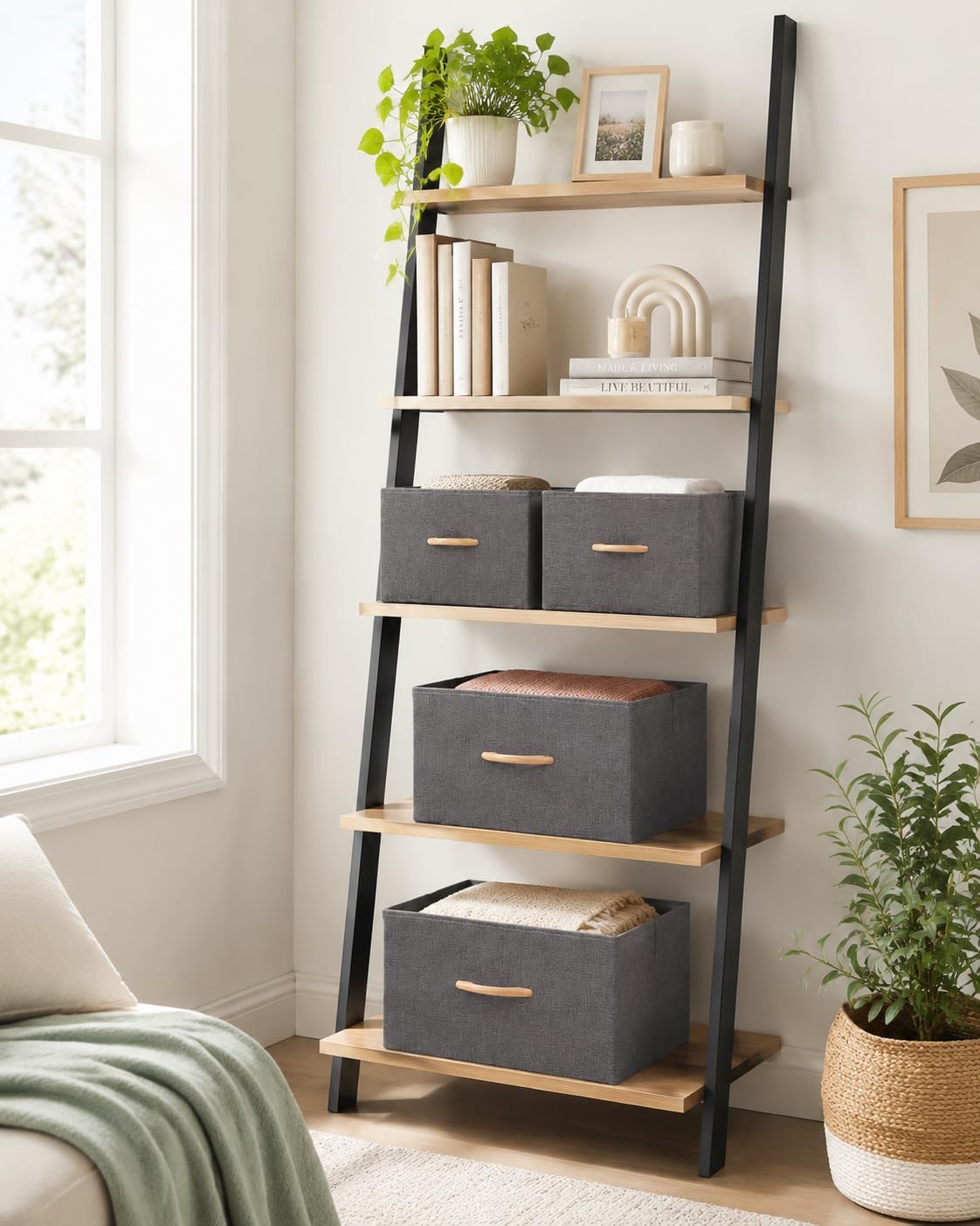 Grey Storage Baskets for Shelves Closet Organizers and Storage with Front Wooden Handle, 21-Pack Large Fabric Pull-Out Storage Bins for Organizing Clothes, Toys, Foldable Shelf Baskets for Home Office