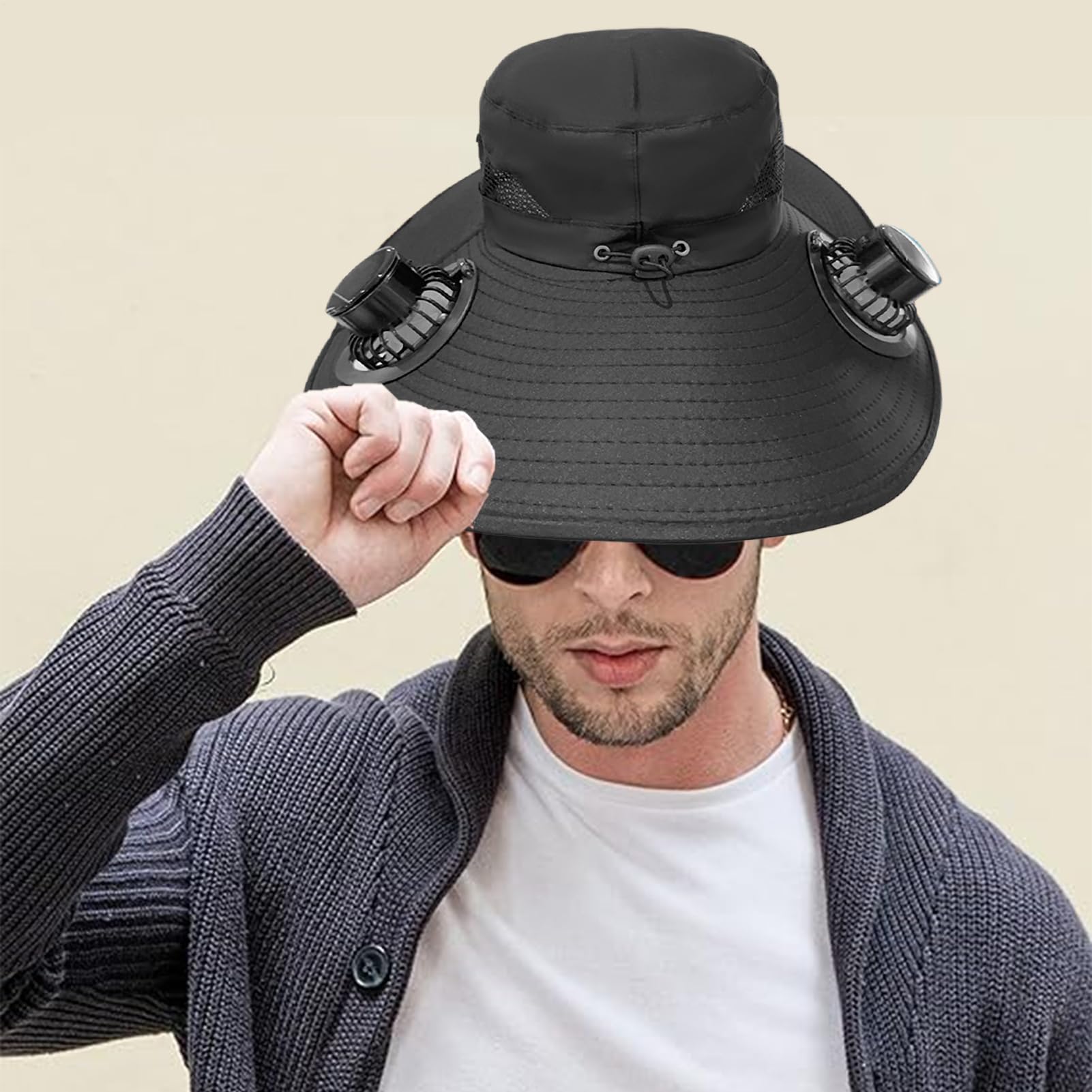 Sombrero Hombre Verano con Ventilador Solar, Gorra Ventilador, 3 Velocidades, USB, ala Ancha Y Resistente a Los Rayos UV, para Actividades Aire Libre, Montañismo, Pesca, Circunferencia: 48-56cm