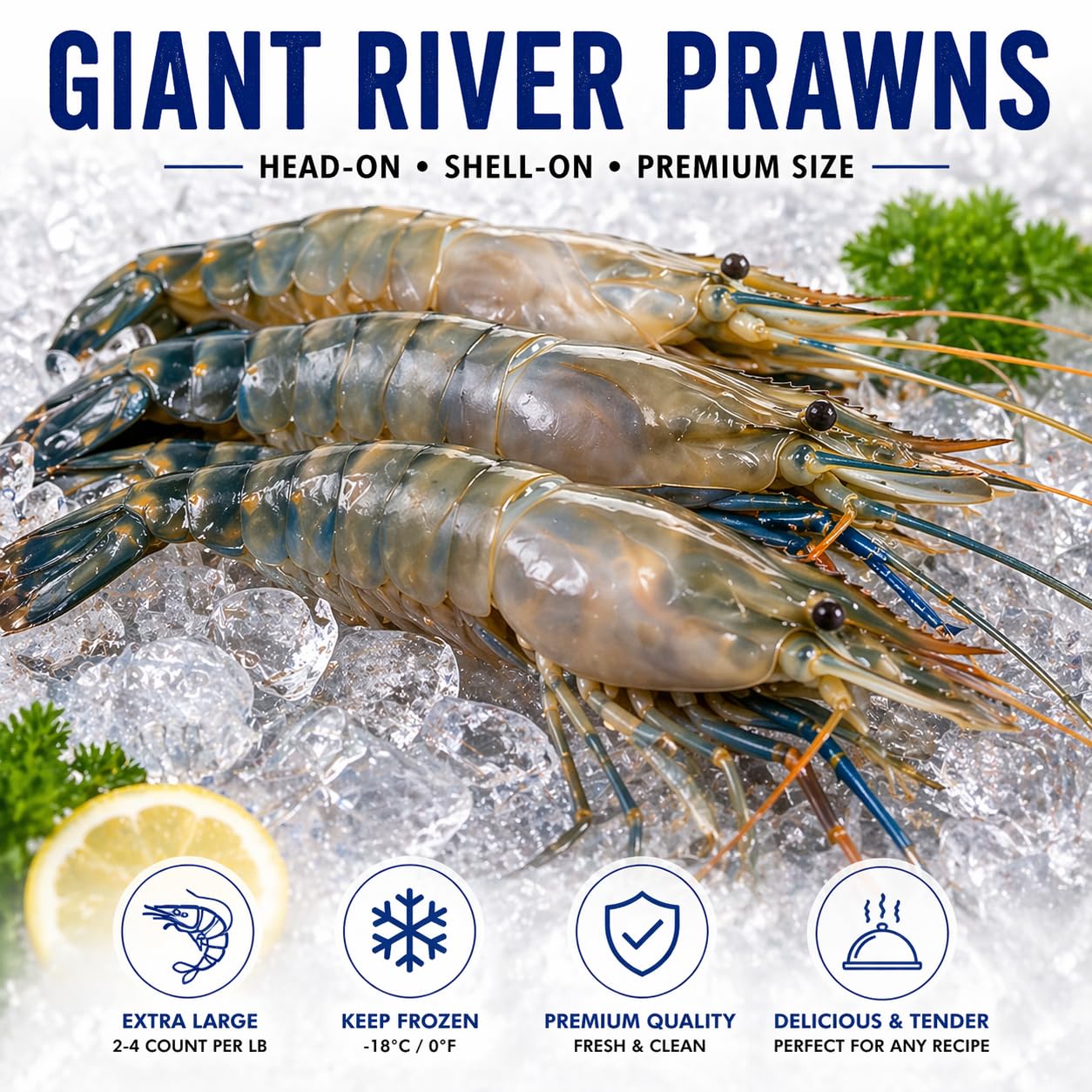 [Pack of 3] Giant Freshwater River Prawns (Shrimp) (Head-On, Shell-On), 2–4 Count/LB, Frozen, 2 LB Each (Total 6 LB), Insulated Shipping with Ice Packs