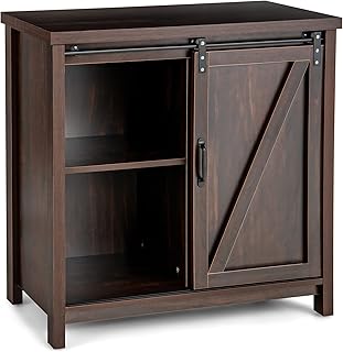 COSTWAY Sideboard, Buffet Table Storage Cabinet with Wine Rack, Sliding Doors, Open Shelves & Anti-slip Foot Pad, Wooden Console Cupboard for Kitchen Dining Room (Brown, without Wine Rack)
