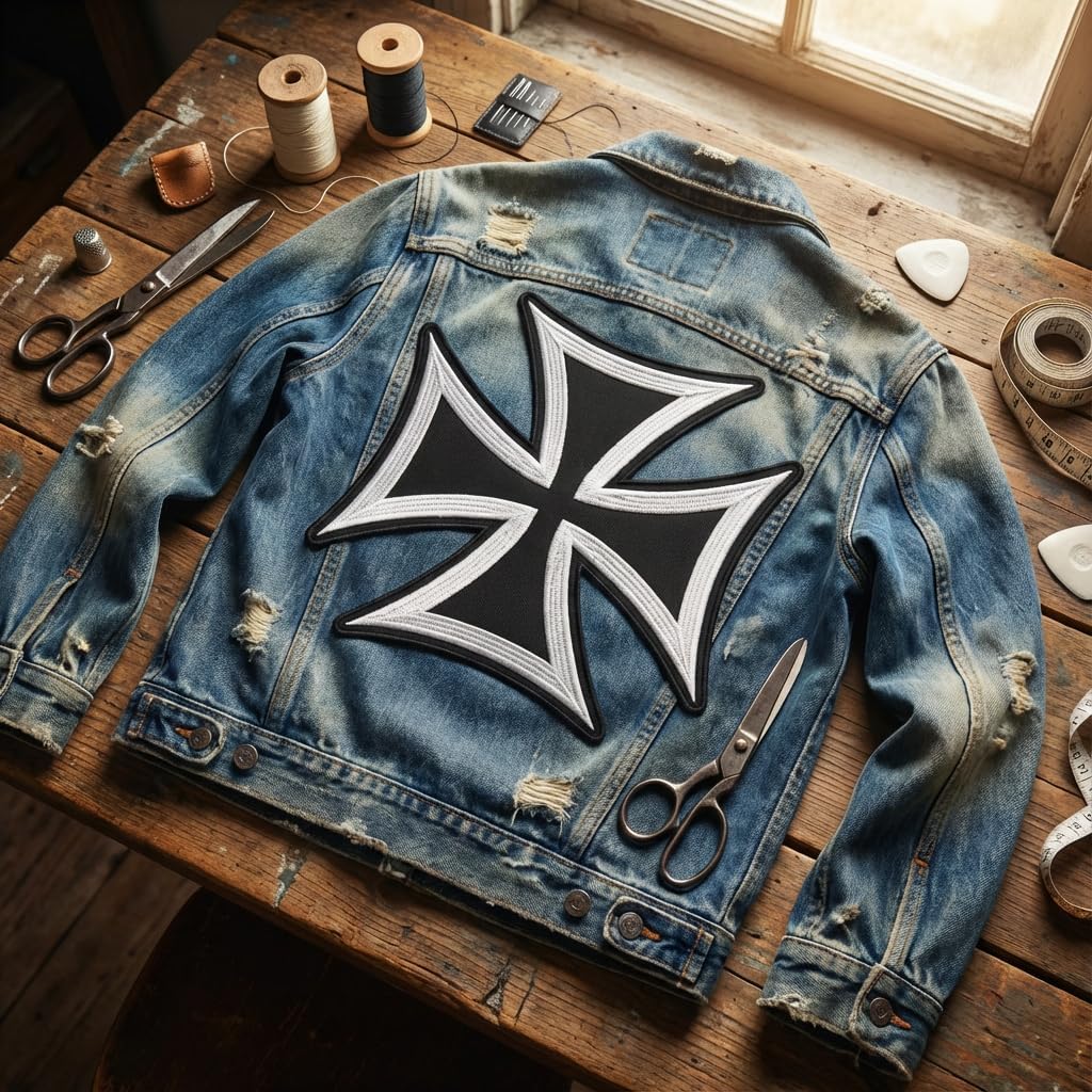 Large 8 Inch Maltese Cross Embroidered Patch - Iron-On Sew-On Gothic Celtic Badge for Jackets Vests and Bags - Biker & Firefighter Style Emblem for DIY Crafts & Clothing Customization