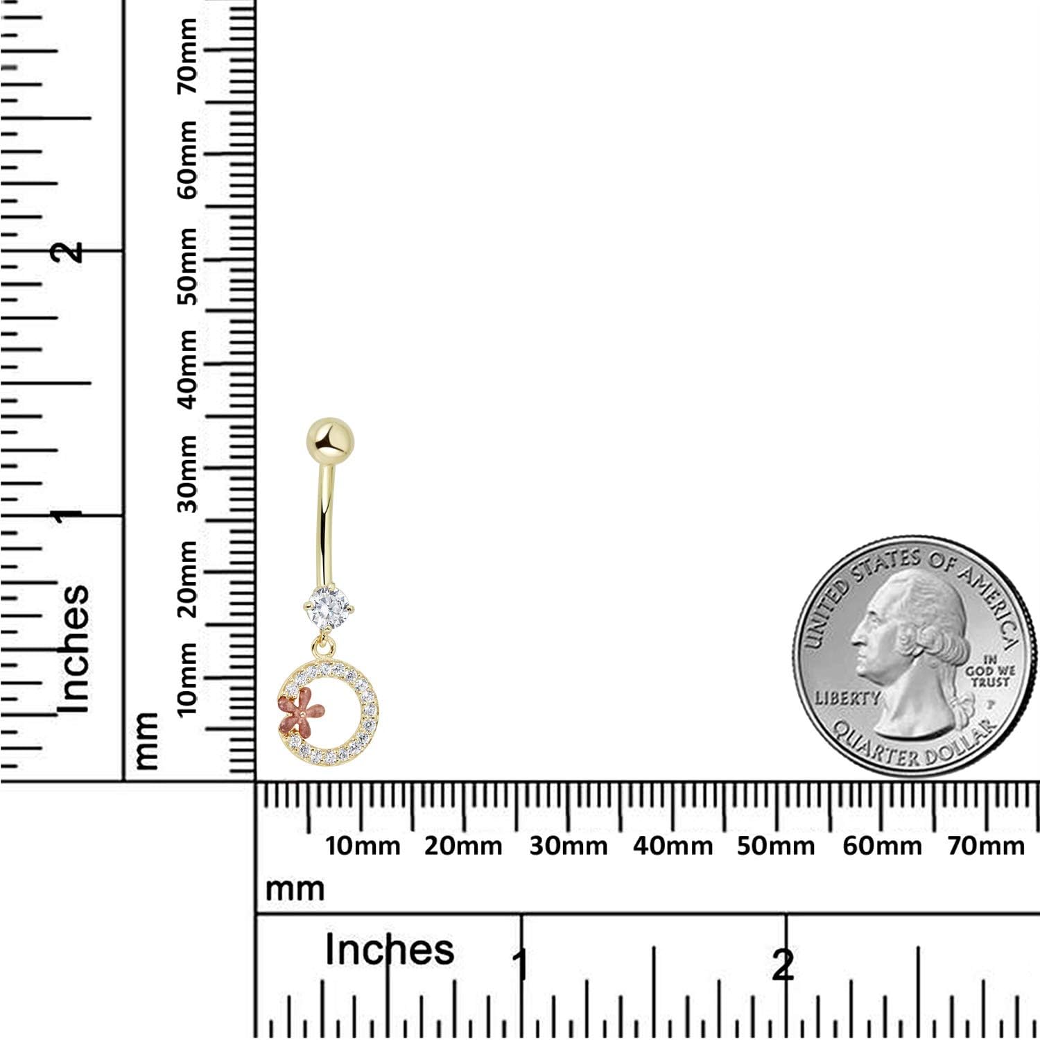 AVORA 10K Yellow Gold Simulated Diamond CZ Dangling Open-Circle and Flower Belly Button Ring Body Jewelry (14 Gauge)