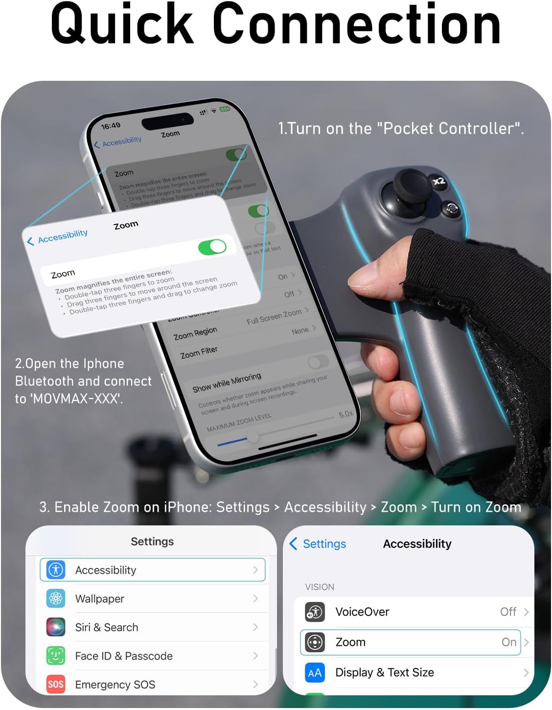 MOVMAX Pocket Controller, Wireless Remote Controller for DJI Osmo Pocket 4/3/2 with Hall Effect Joystick, Ergonomic Handle