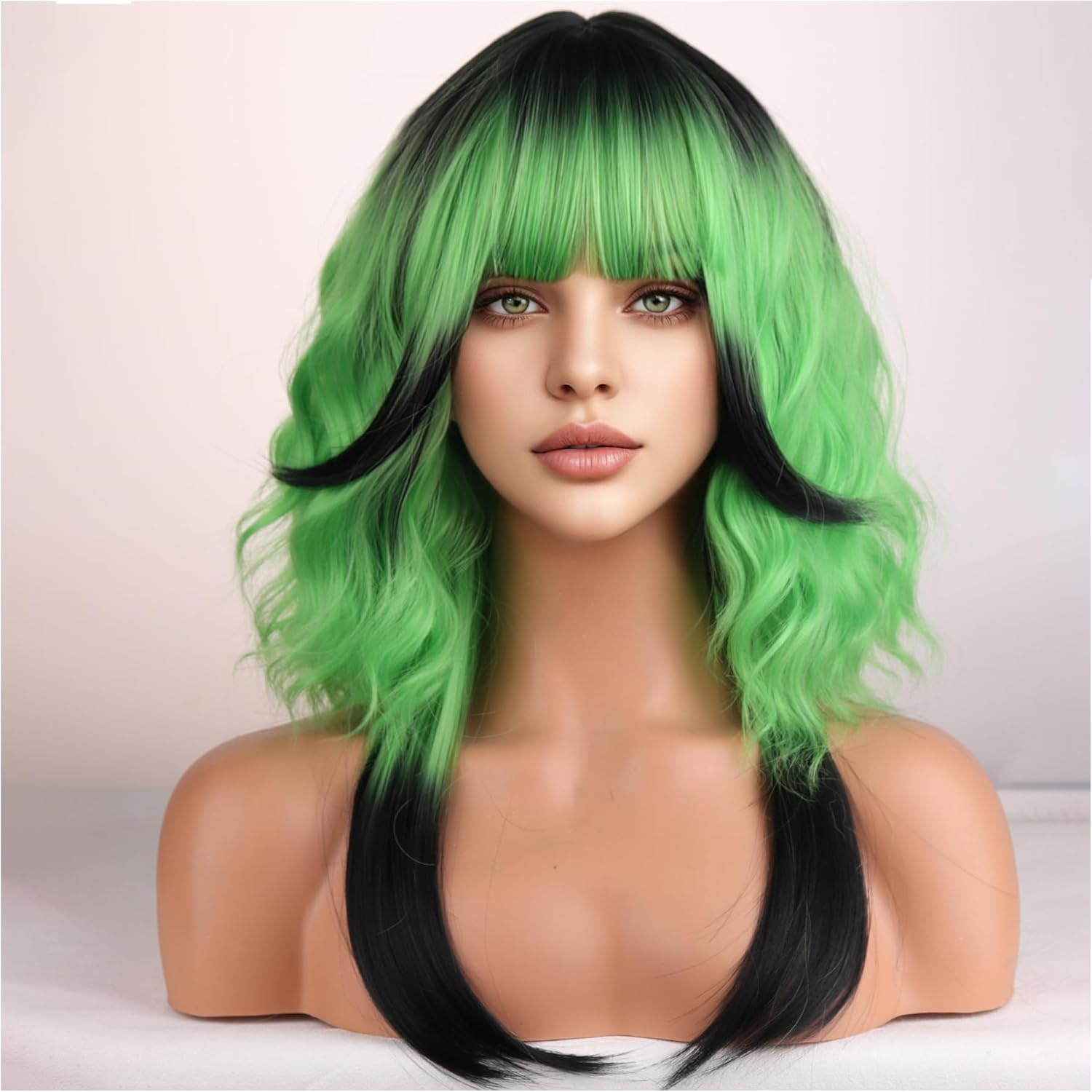 Ombre Black Green Wigs for Women Short Curly Wavy Green Wig for Girls Short Bob Wig With Bangs Heat Resistant Synthetic Wigs for Cosplay Costume Party