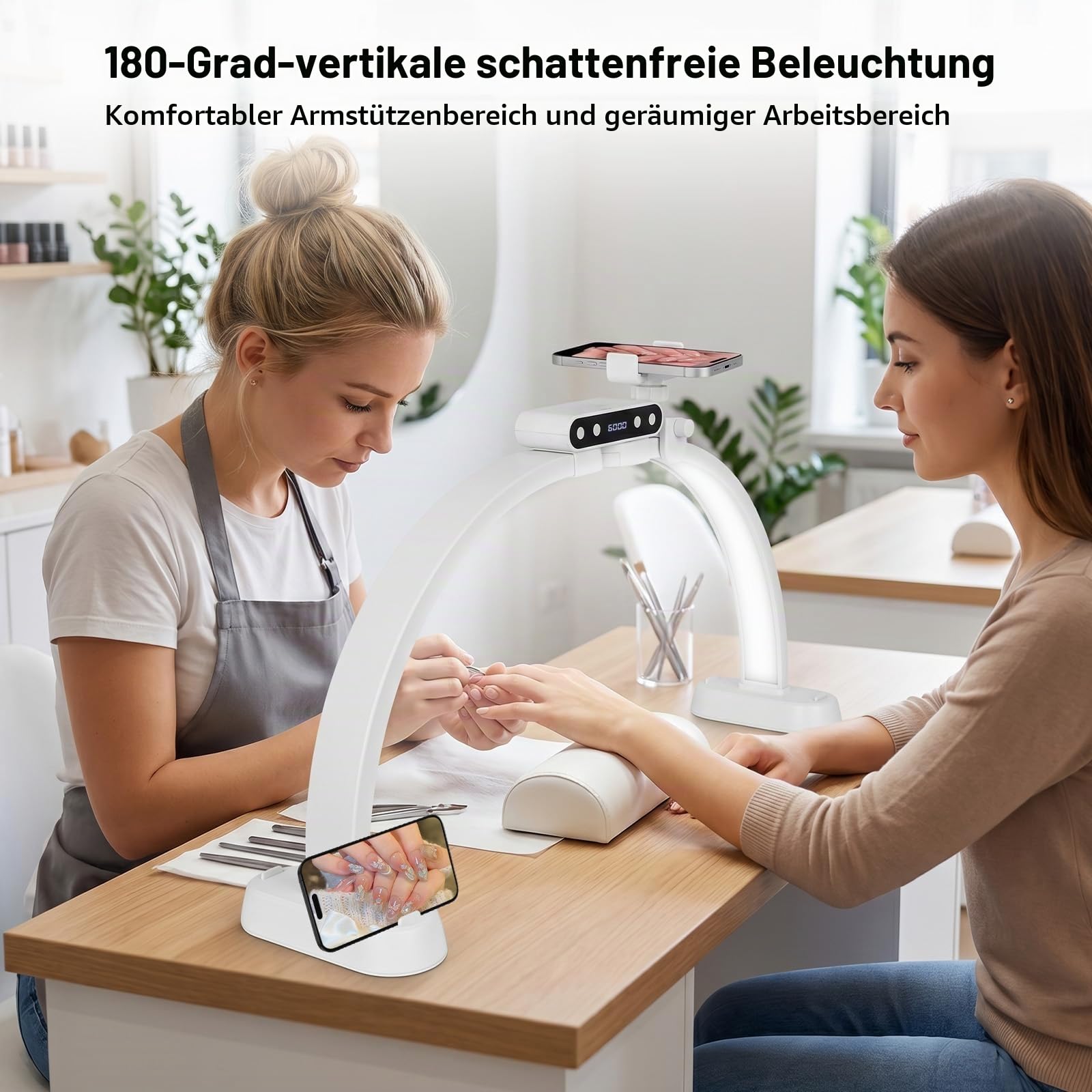 Halbmond Lampe Kosmetik, 23" Dimmbare LED Nageltisch Lampe mit 3 Farbmodi, Klappbare Bogenlampe mit Handyhalterung für Maniküre-Kunst, Beauty und Tattoos