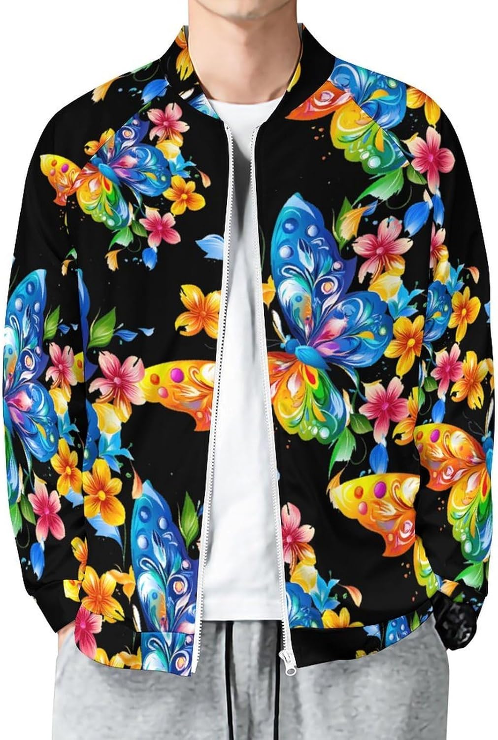 Butterfly Flowers Men's Zip Up Sweatshirt Casual Sweater Jackets Long Sleeve Tops Lightweight Coat