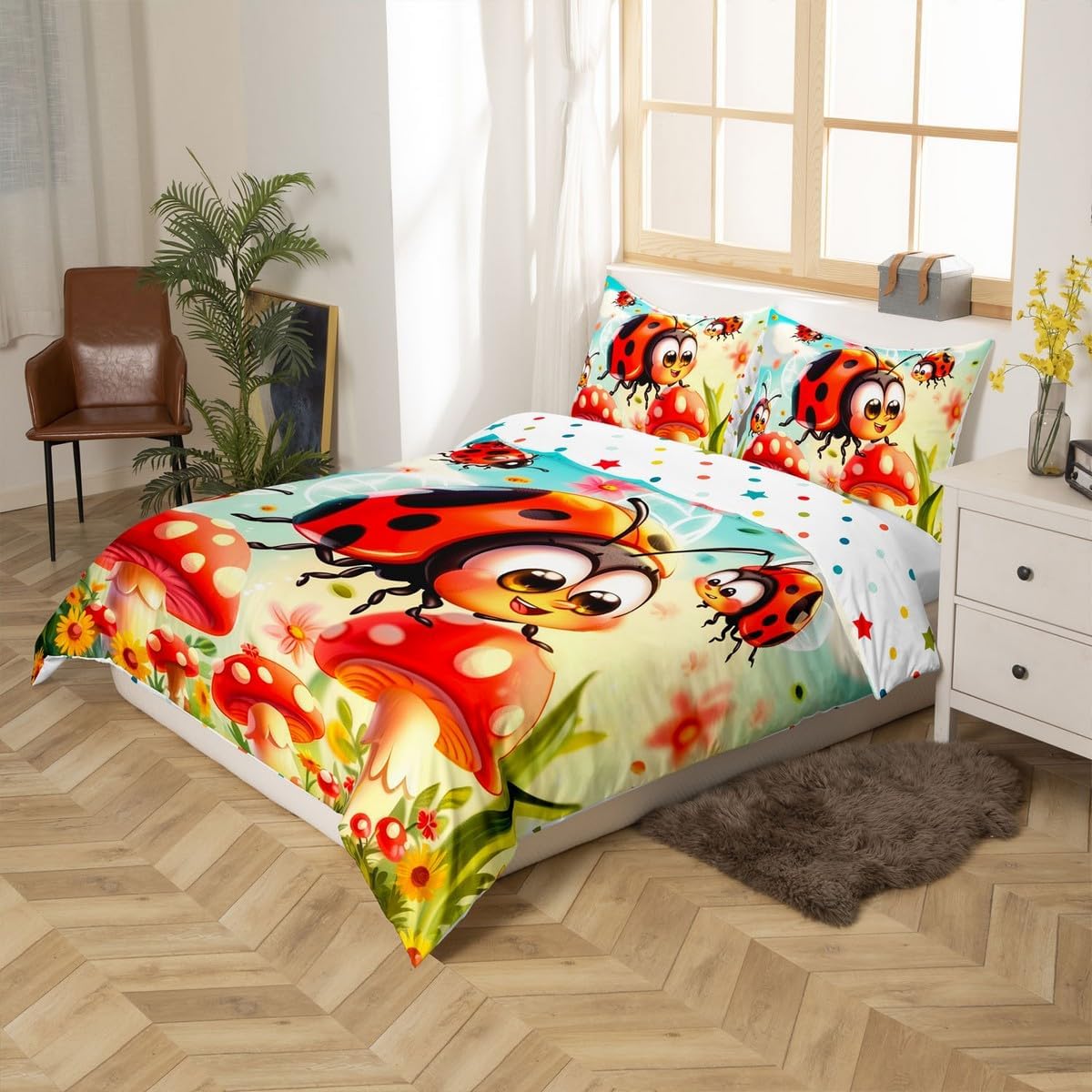 Erosebridal Toddler Size Ladybug Comforter Cover Cute Cartoon Ladybird Duvet Cover for Kids Boys Girls,Red Romantic Love Heart Bedding Set Spring Daisy Rustic Wild Flowers Bed Set
