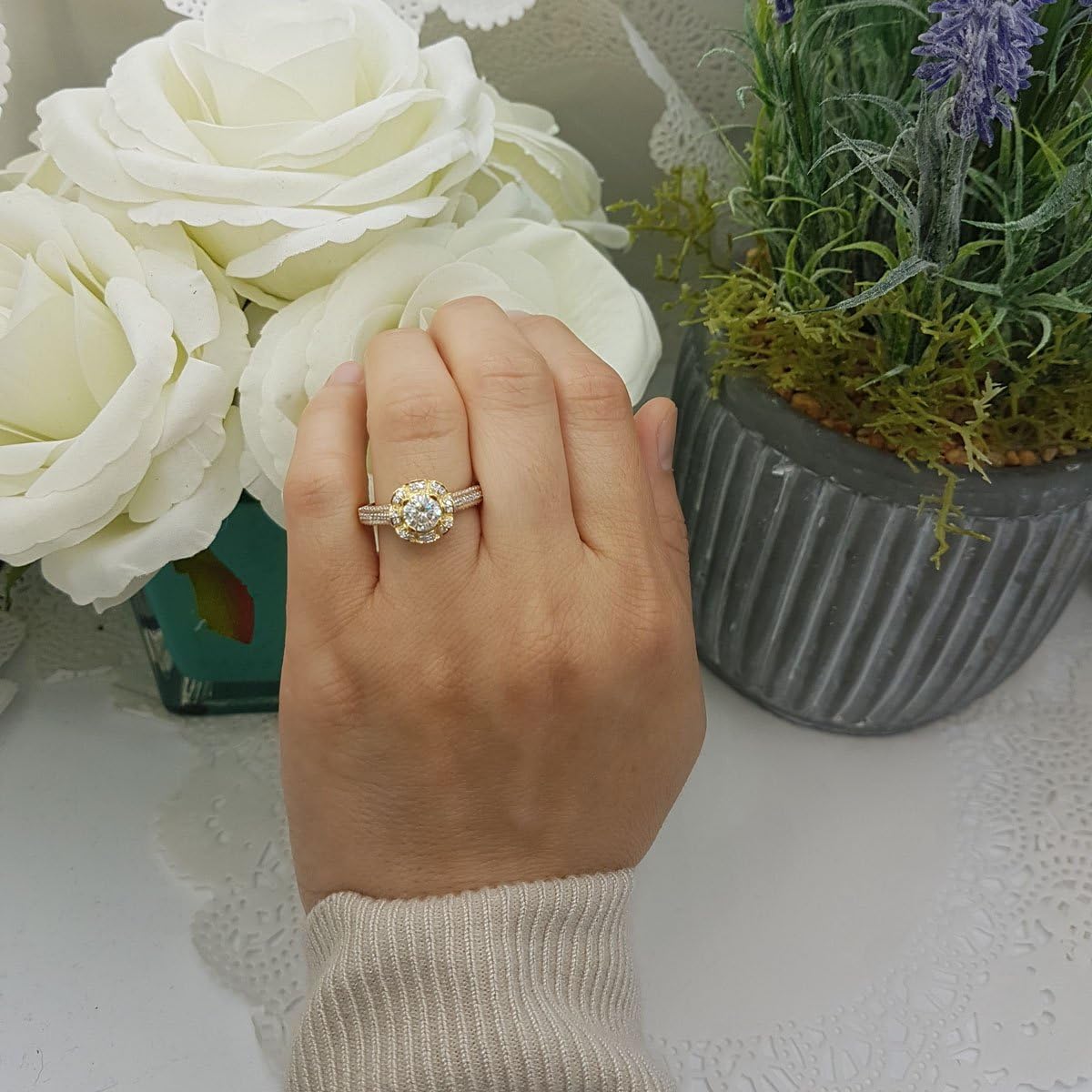 Dazzlingrock Collection 14K Real Solid Gold Round Cut Moissanite & White Natural Diamond Cluster Women Engagement Bridal Ring