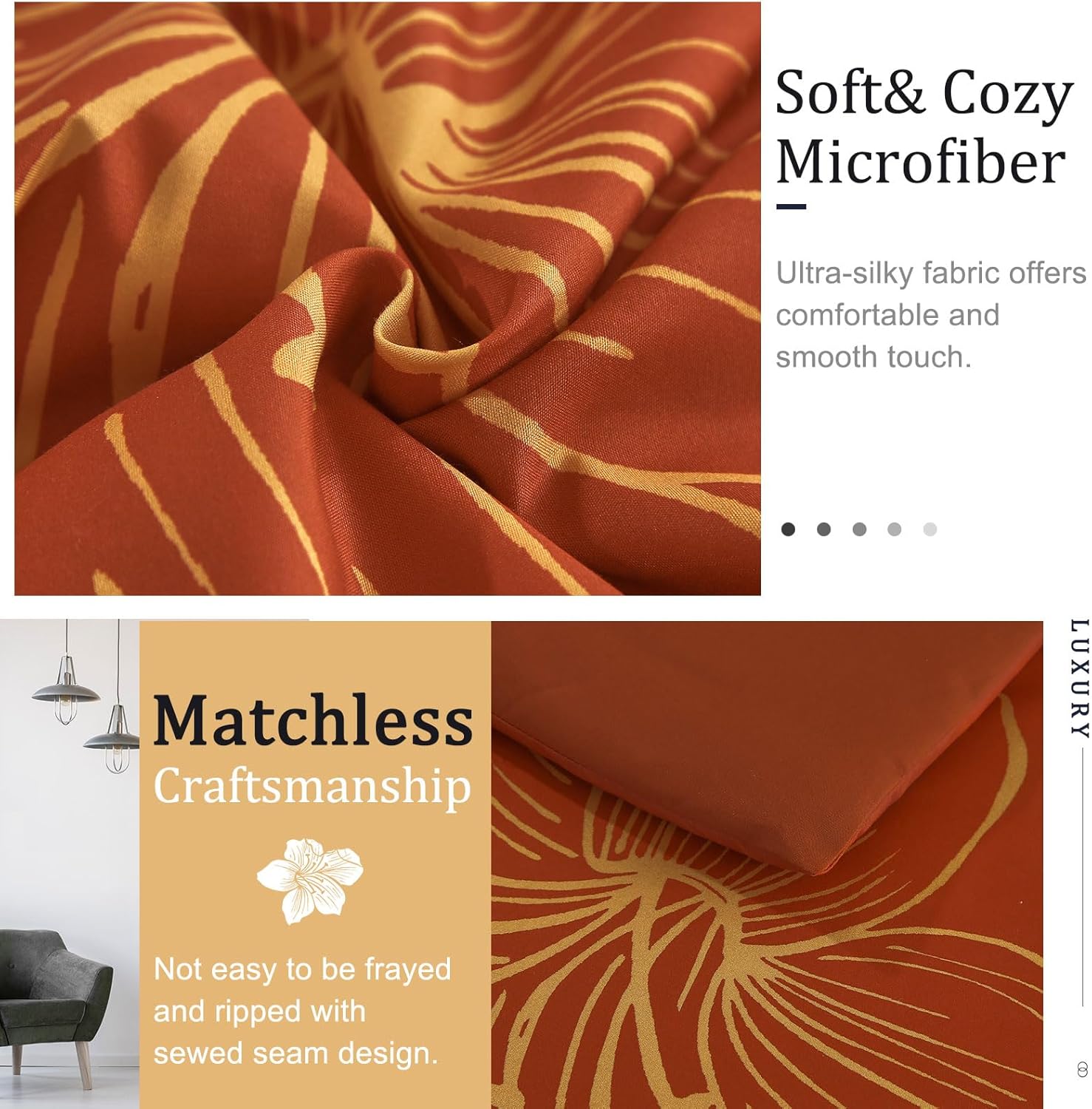 Menghomeus Burnt Orange Comforter Set Queen Gold Floral Comforter Terracotta Botanical Bedding Sets Soft Microfiber Thanksgiving Bed Comforter Set for All Season (1 Comforter, 2 Pillowcases) - Image 4
