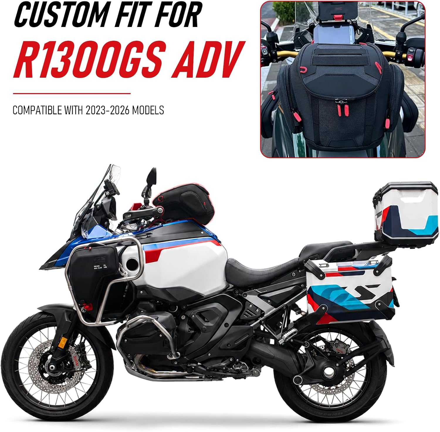 Tank Bag Compatible with BMW R1300GS Adventure ADV No-Strap Lock (Black)