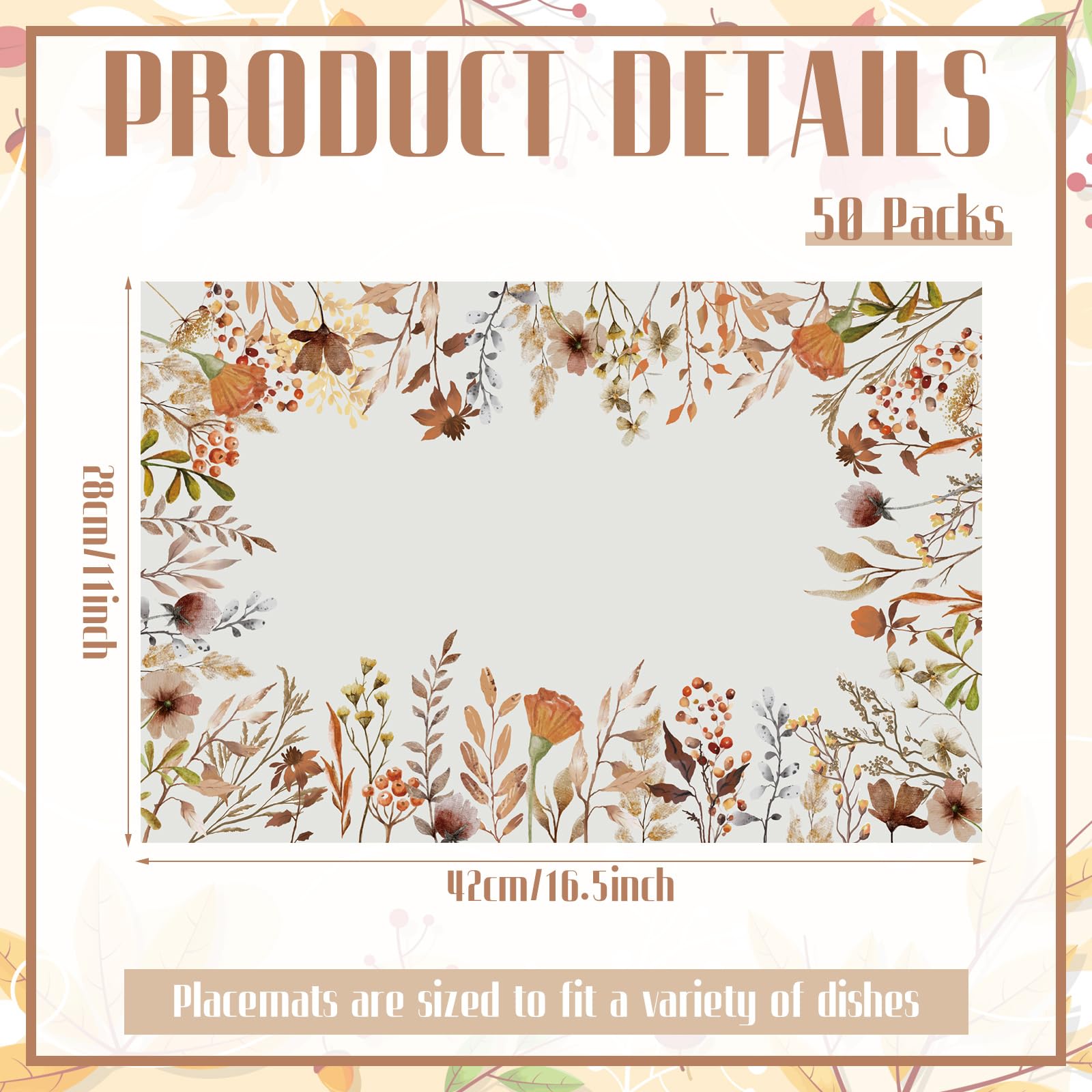 Watersay 50 manteles individuales de papel de otoño de 11 x 17 pulgadas, manteles individuales de papel de flores silvestres de temporada, manteles individuales de papel desechables para Acción de