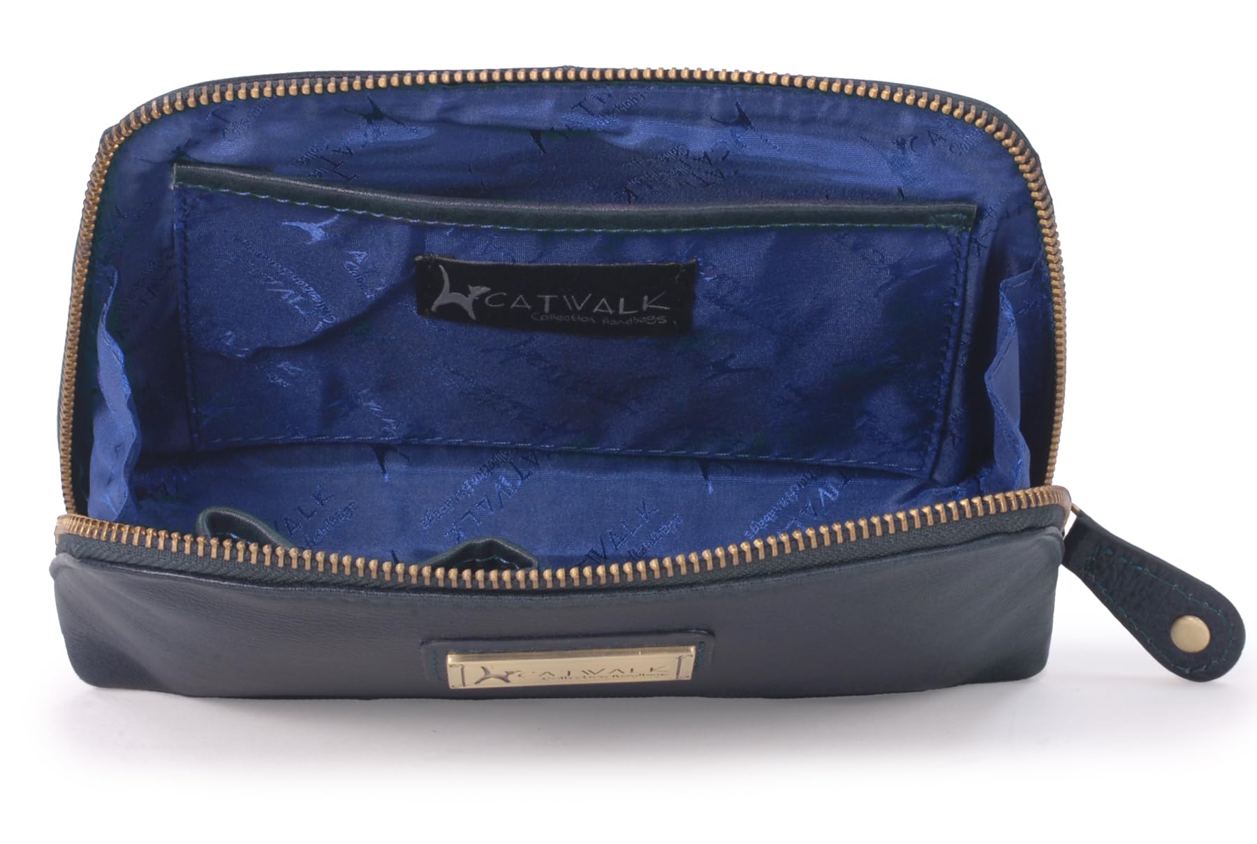 Catwalk Collection Handbags - Pochette Trucchi Donna in Pelle - Borsa Trucco Media - Beauty Case per Cosmetici - Scatola Regalo - Emma - Blu
