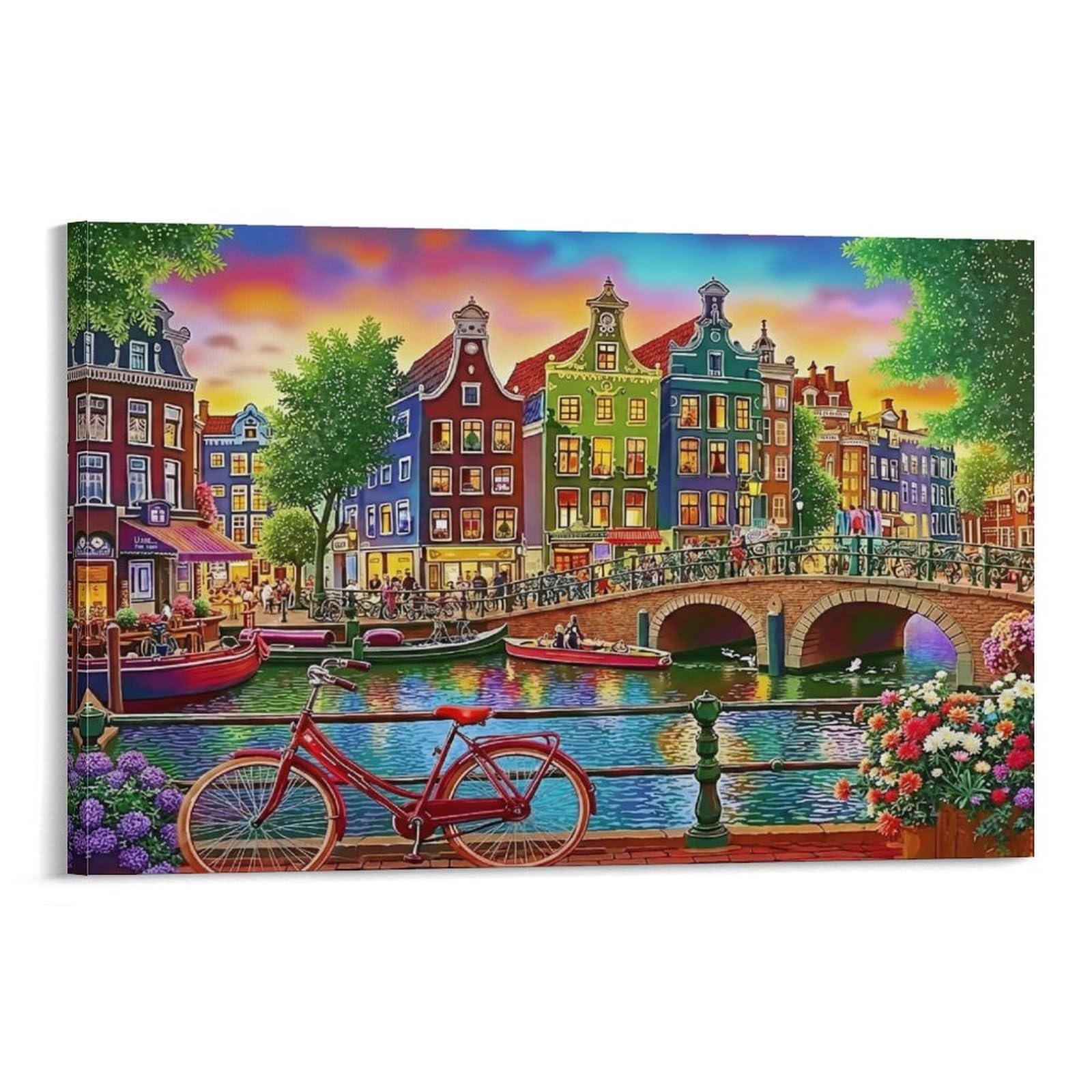 CPLVKWRQJ Amsterdam Canal Scene Individual Colorful Amsterdam Canal Sunset Framed Canvas Art - Living Room Focal Point Fade Resistant Gallery Wall Decor 16x24inch(40x60cm)