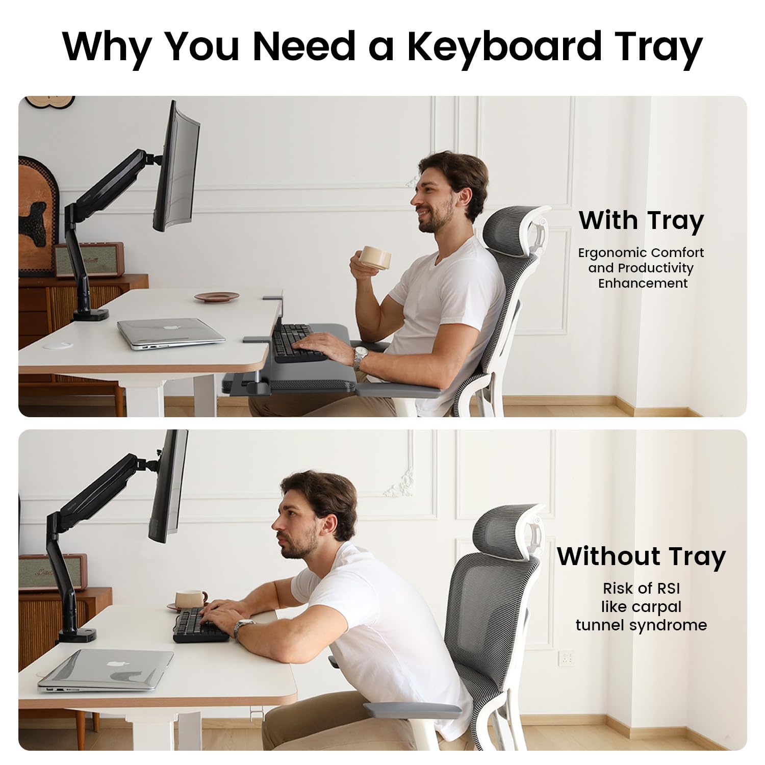 NearHub Grand plateau de clavier coulissant sous le bureau avec système de fixation en C extra robuste, 66 cm (76 cm y compris les pinces) x 27,9 cm, plateforme coulissante stable pour écrire