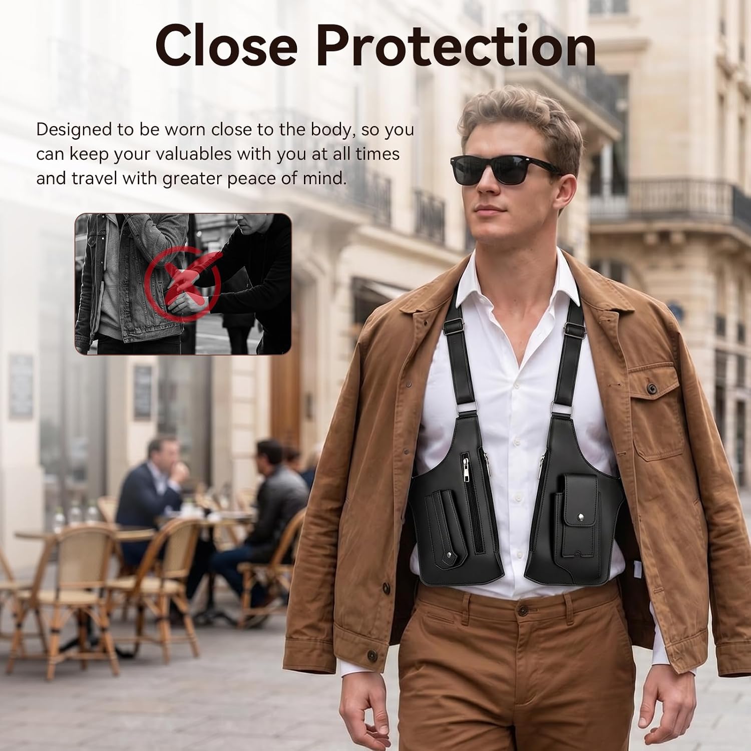 Men's PU Leather Double Shoulder Armpit Bag with Multiple Storage Pockets and Adjustable Straps