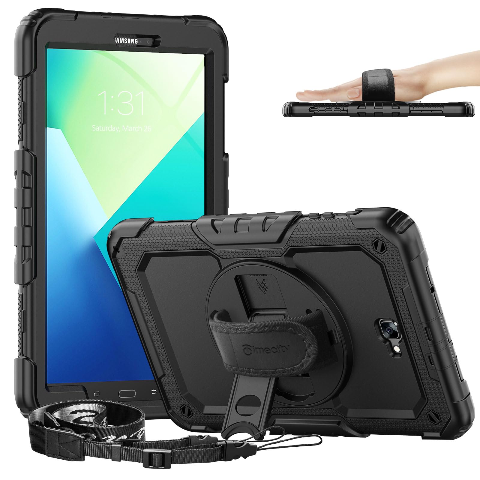 timecityCase for Samsung Galaxy Tab A 10.1 inch 2016 Release, SM-T580 T585 T587, Heavy Duty Protection Case with Screen Protector, Stand, Hand Strap and Shoulder Strap Stylus Holder - Black