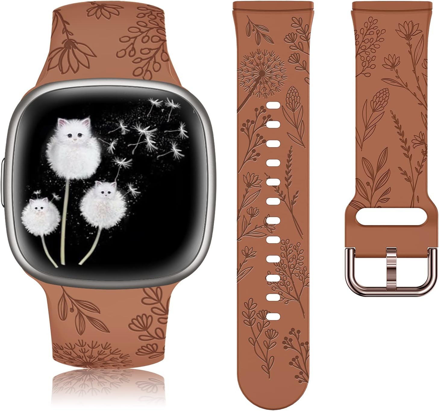 Minyee Floral Engraved Band Compatible with Fitbit Versa 4/Versa 3/Sense 2/Sense Band Women, Cute Soft Silicone Dandelion Flower Pattern Sport Designer Fancy Summer Strap for Versa 4