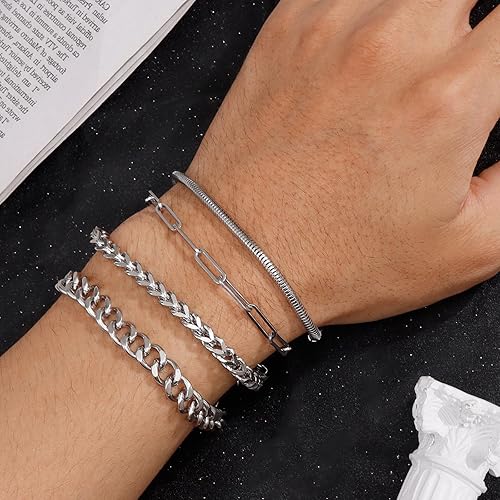 Miniatura 5 de Ritach Pulsera de cadena cubana de acero inoxidable para hombres y mujeres, ancho de bordillo, cuerda de plata, juego de pulseras de cadena cubana