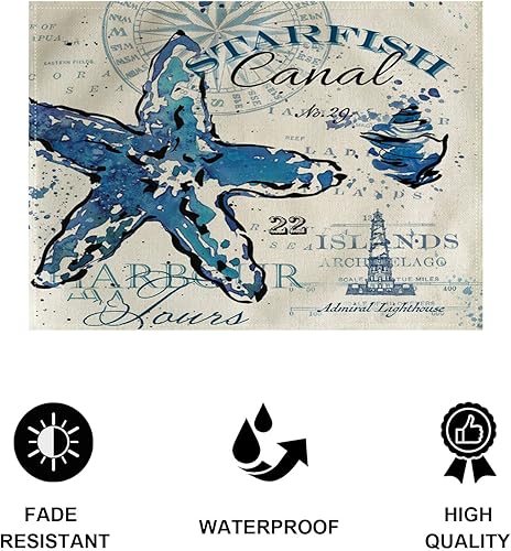 Miniatura 4 de Juego de 4 manteles individuales vintage con temática del mar, playa costera, océano, impermeables, resistentes al calor, lavables, antideslizantes,