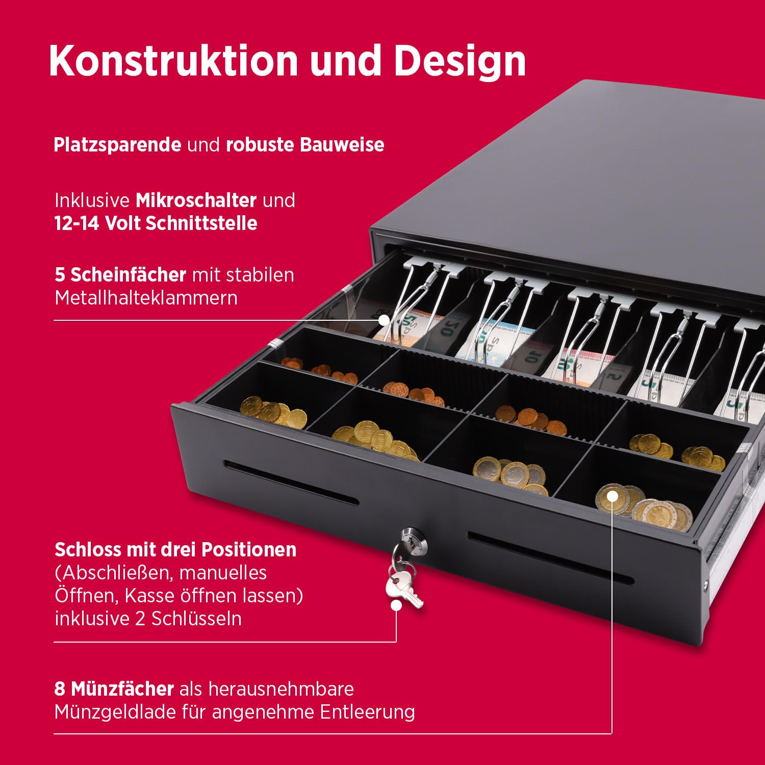 Olympia XLD 460A Kassenschublade | 8 Münzfächer & 5 Scheinfächer für Banknoten | Kassenlade für RJ-12 12-24 | Geldlade aus Metall | Registrierkasse Zubehör | Kassenschublade unterbau 46,5x46x10,4 cm