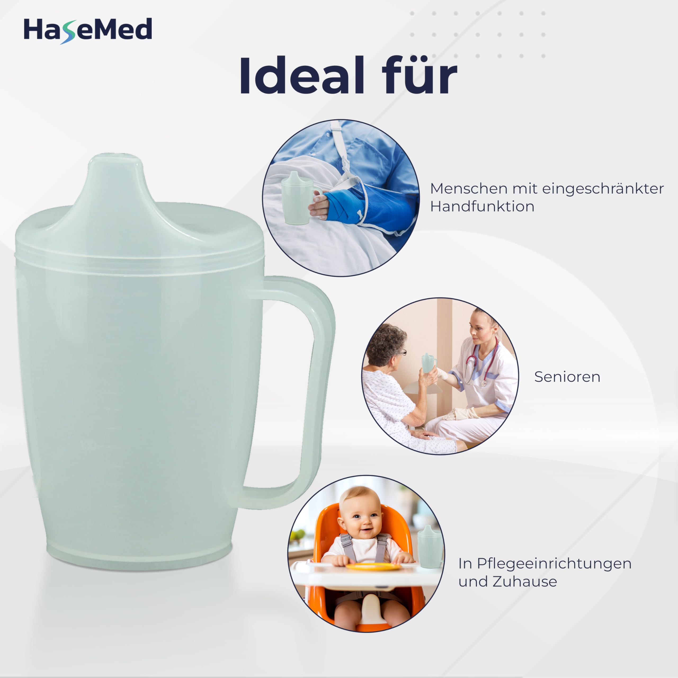 HaseMed kubek do picia z uchwytem i tulejką (1 sztuka) – ergonomiczny kubek do bezpiecznego picia bez rozlania, idealny dla seniorów i osób z ograniczoną funkcją dłoni – wytrzymały i trwały, 12 mm
