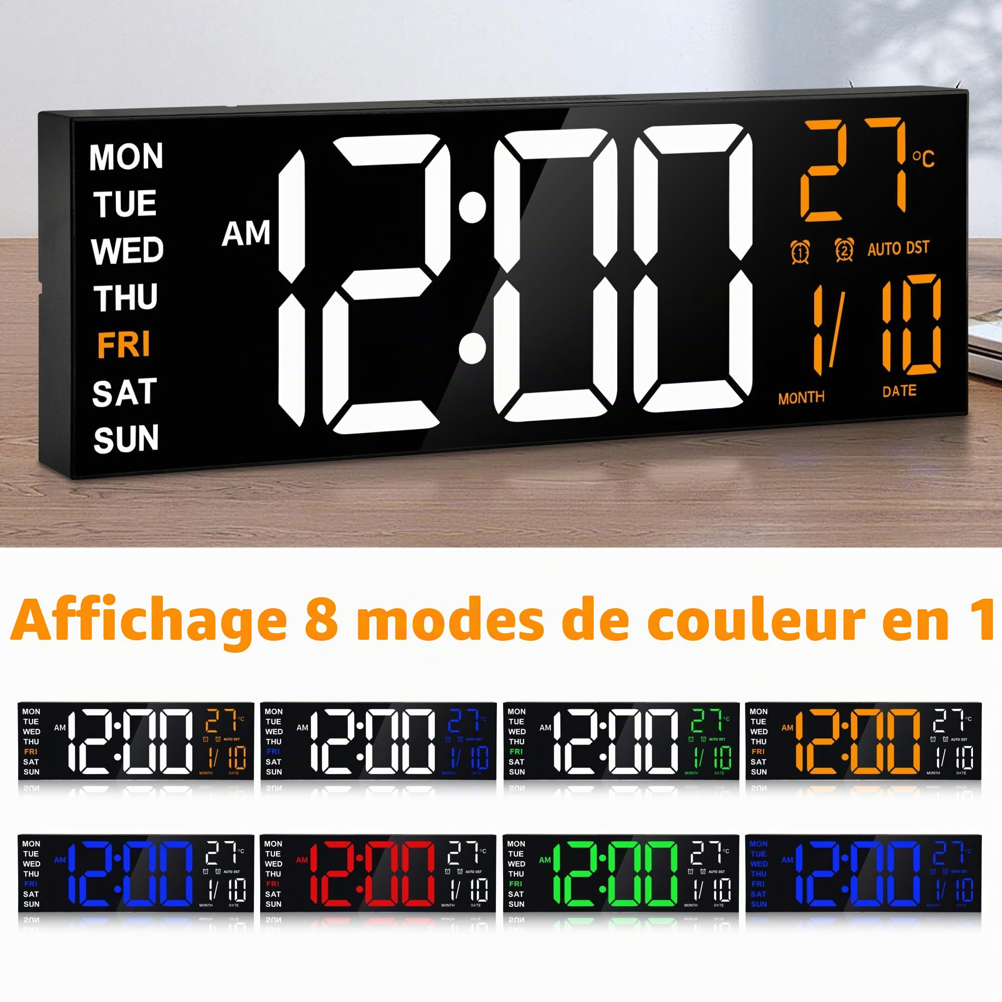 Horloge Numérique Murale 16,5" avec Minuteur, Lumière Nocturne, 2 Réveils, 8 Couleurs RGB, Réglage Auto de la Luminosité, Température, Date, 24/12 Heure pour le Salon, Chambre, Bureau, Seniors